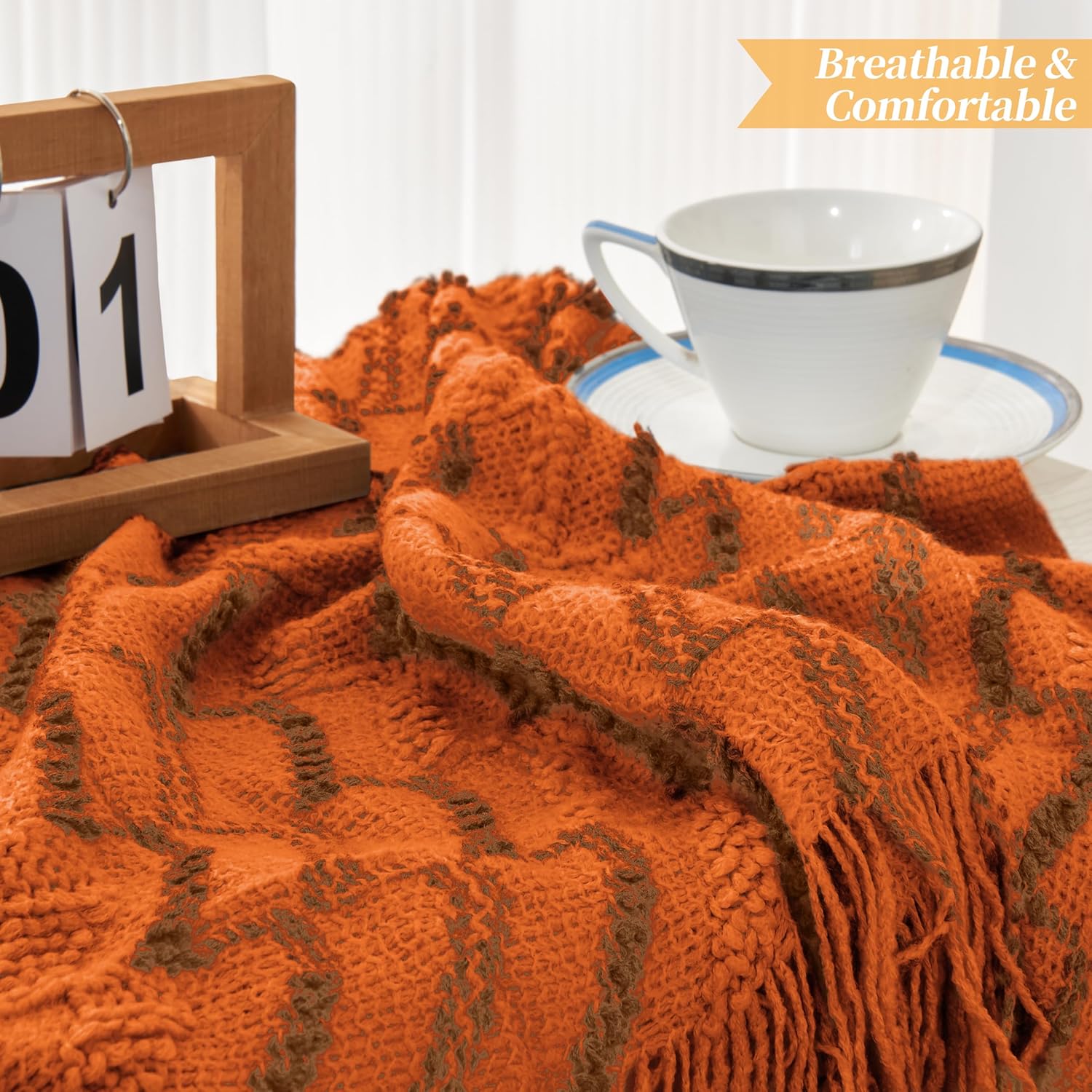 Homiest Manta decorativa de punto con flecos, manta ligera de punto acrílico, manta tejida con textura ondulada, manta suave y acogedora con borlas