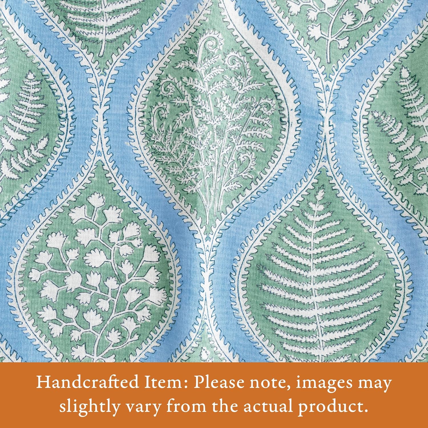 Saffron Marigold Lujosa funda de almohada azul, impresa a mano, 100% algodón preencogido, diseño de helechos del bosque para sofás o almohada