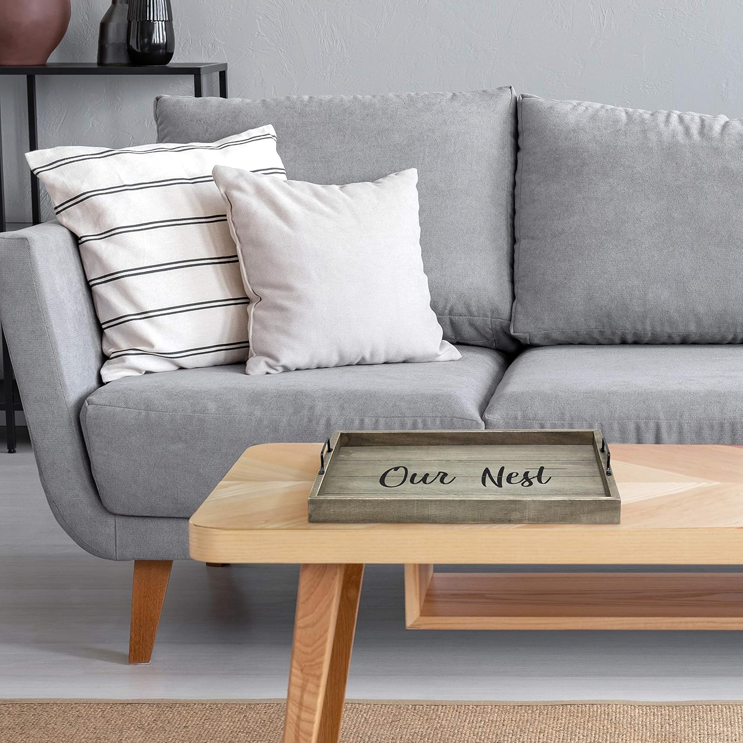 Elegant Designs HG2000-RGO Bandeja decorativa de madera para servir con asas, 15.50 x 12 pulgadas, Our Nest