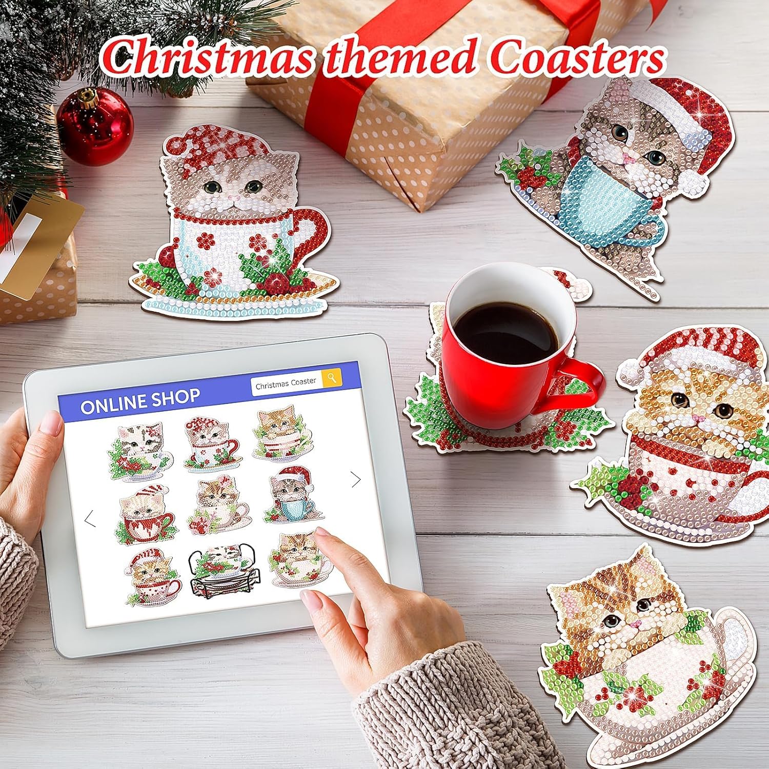 Juego de 8 posavasos de Navidad con diseño de diamantes para gatos con soporte para taza de Navidad, posavasos de arte de diamantes con bases de