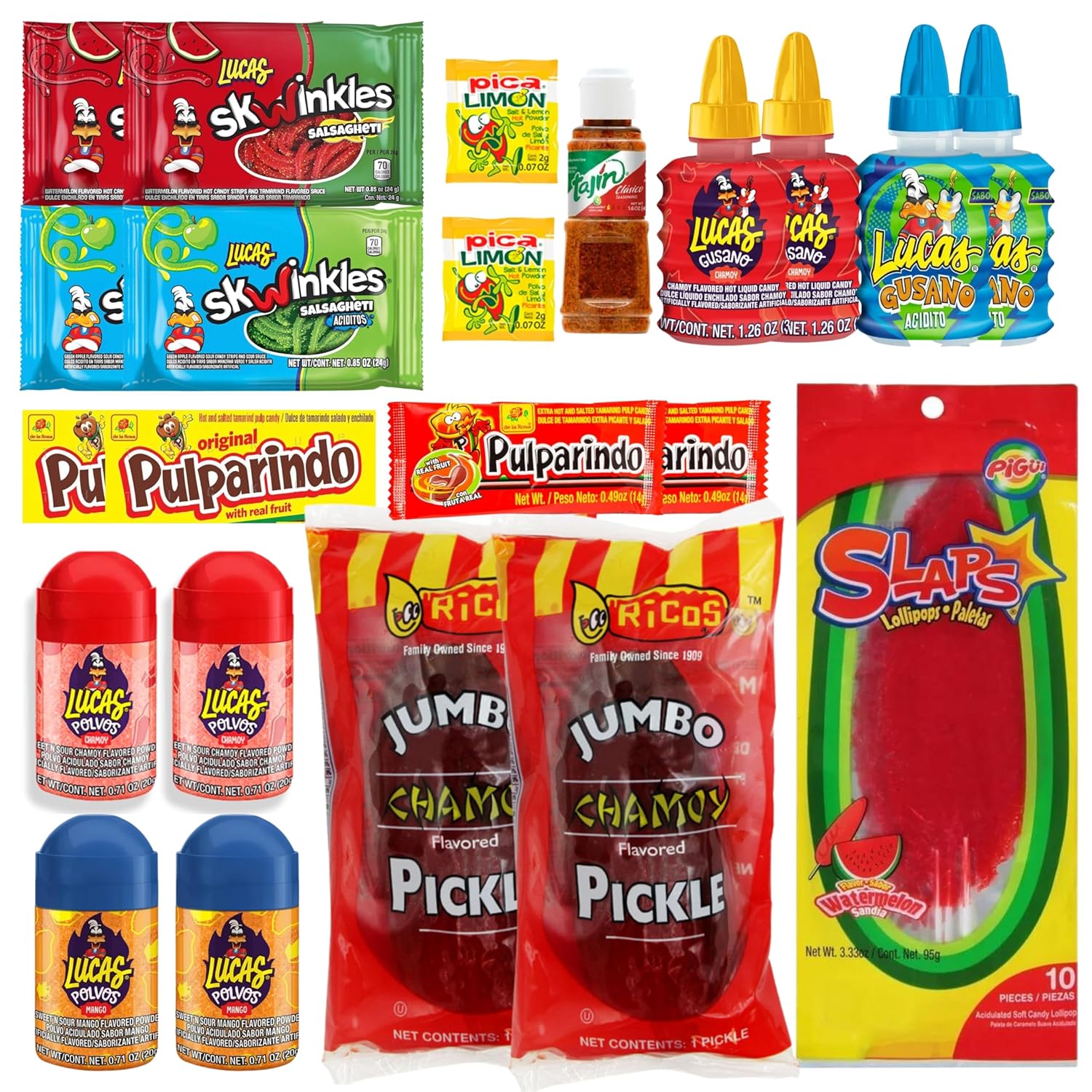 Kit de pepinillos Chamoy con caramelo mexicano, incluye Gusano Chamoy y Skwinkles Salsagheti  El popular kit de pepinillos Tiktok Chamoy de Ma Lit