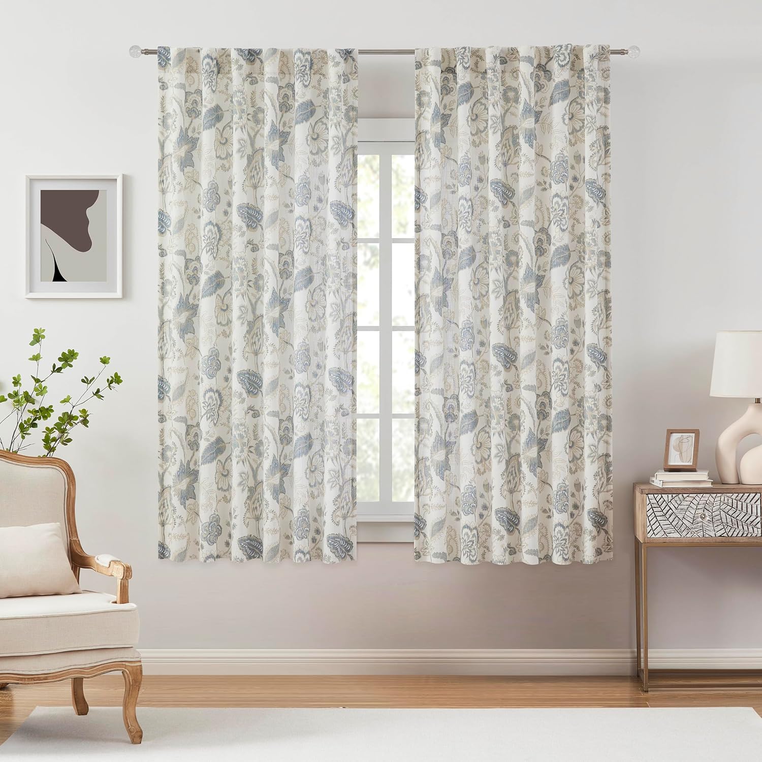 Kayne Studio Cortinas semitraslúcidas con estampado botánico de hojas florales azules y grises, cortinas de lino para filtrar la luz, para sala de