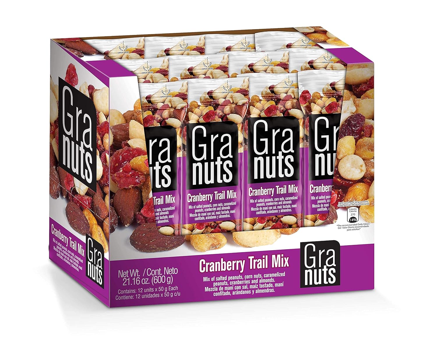 Granuts Mezcla de frutos rojos  Cacahuetes caramelizados  Nueces de maíz crujientes + almendras  Arándanos suaves  Sabores salados + dulces  Snack