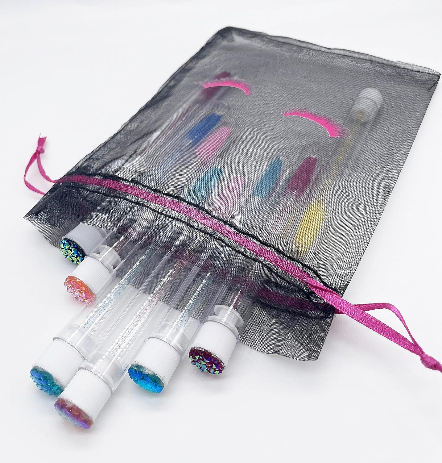 Jexila Paquete de 100 bolsas para cuidado posterior de pestañas, malla negra, con cordón, bolsa de maquillaje, pequeña bolsa de regalo para muestras