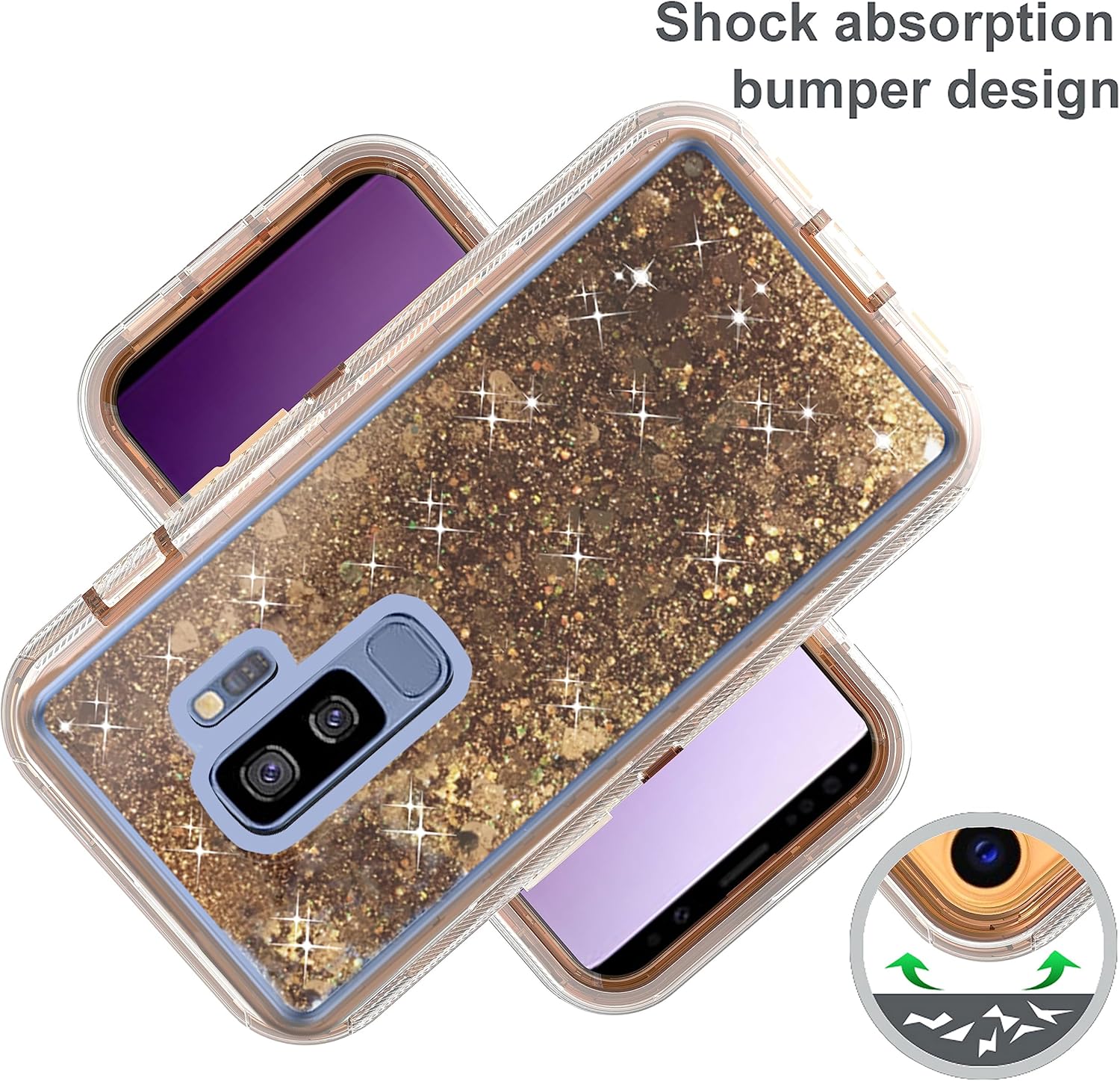 Asuwish Funda para teléfono Samsung Galaxy S9 Plus con protector de pantalla brillante líquida con purpurina transparente, híbrida, de grado
