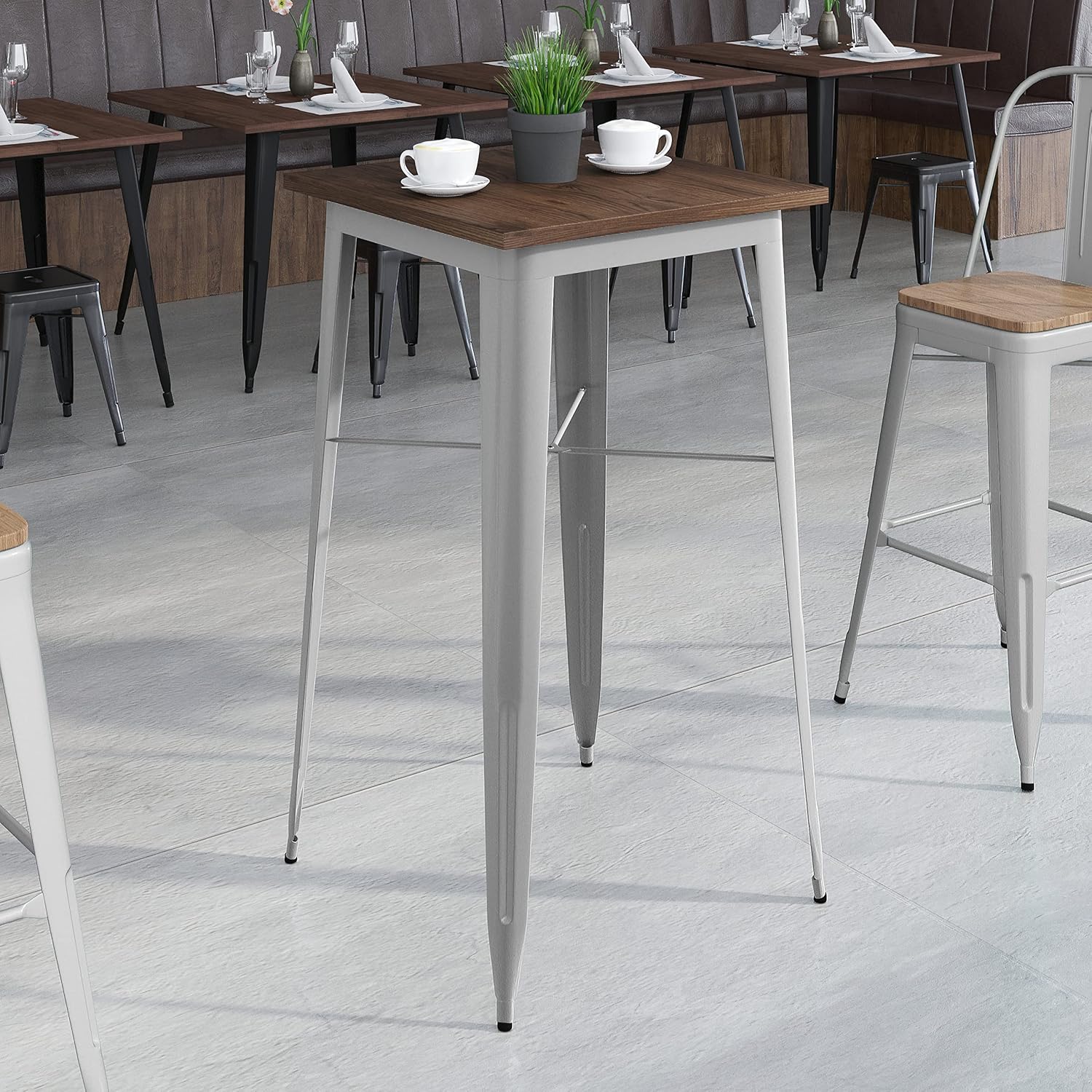 BizChair Mesa de altura de barra cuadrada de metal plateado y madera de 23.75 pulgadas