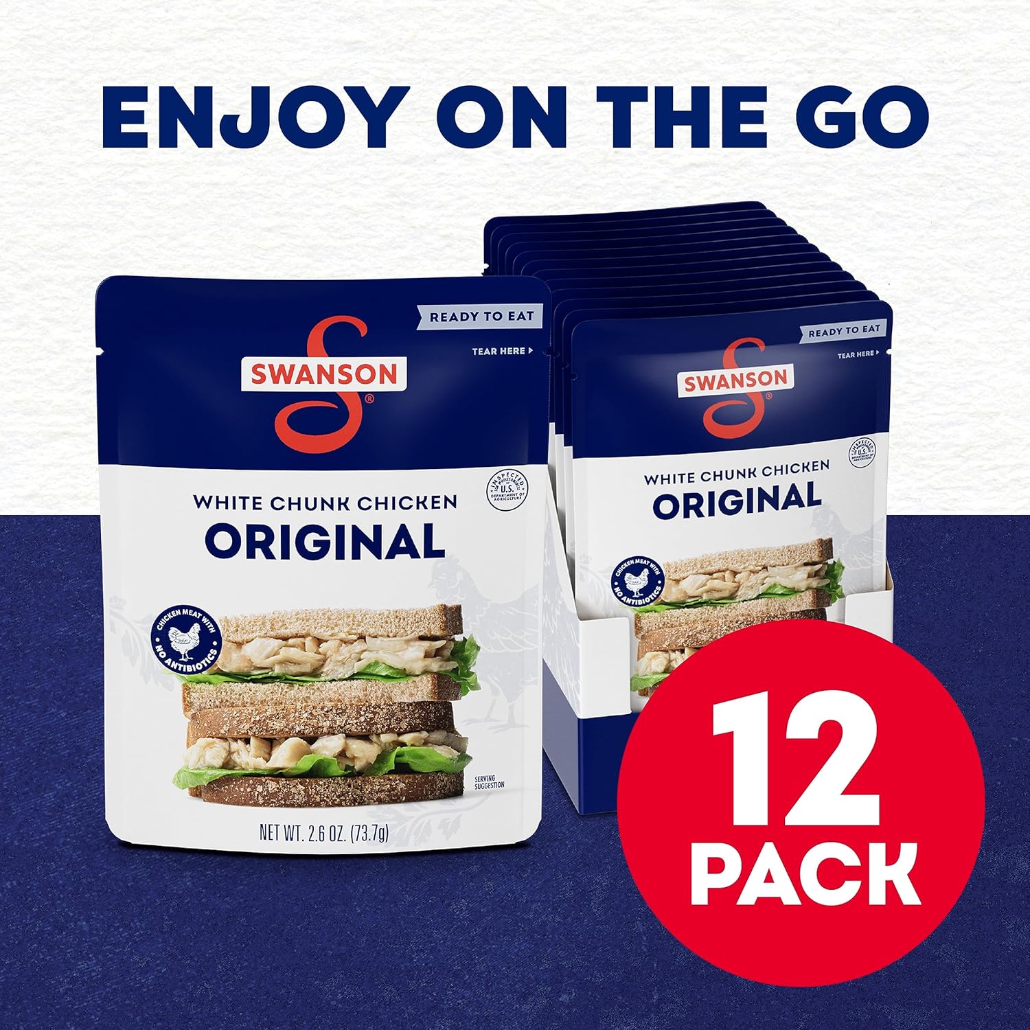 Swanson Original White Chunk – Pollo completamente cocido, listo para comer, comidas simples sobre la marcha, bolsa de 2.6 onzas (caja de 12)