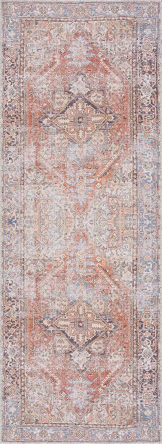 Georgia Collection Eira – Alfombra larga envejecida para pasillo, entrada, lavable a máquina, color rojo ladrillo, marrón, naranja, azul, 2 pies 7