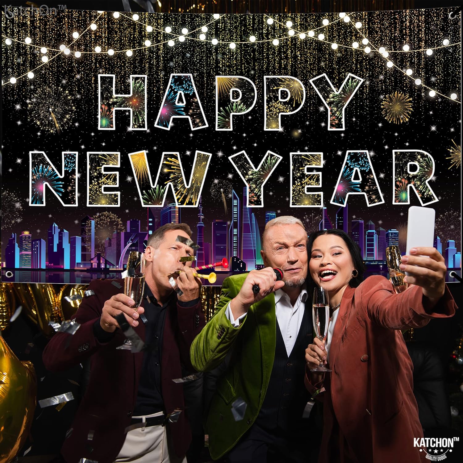 KatchOn, Cartel XtraLarge de feliz año nuevo  72 x 44 pulgadas  Decoraciones coloridas de feliz año nuevo 2024  Fondo de feliz año nuevo,