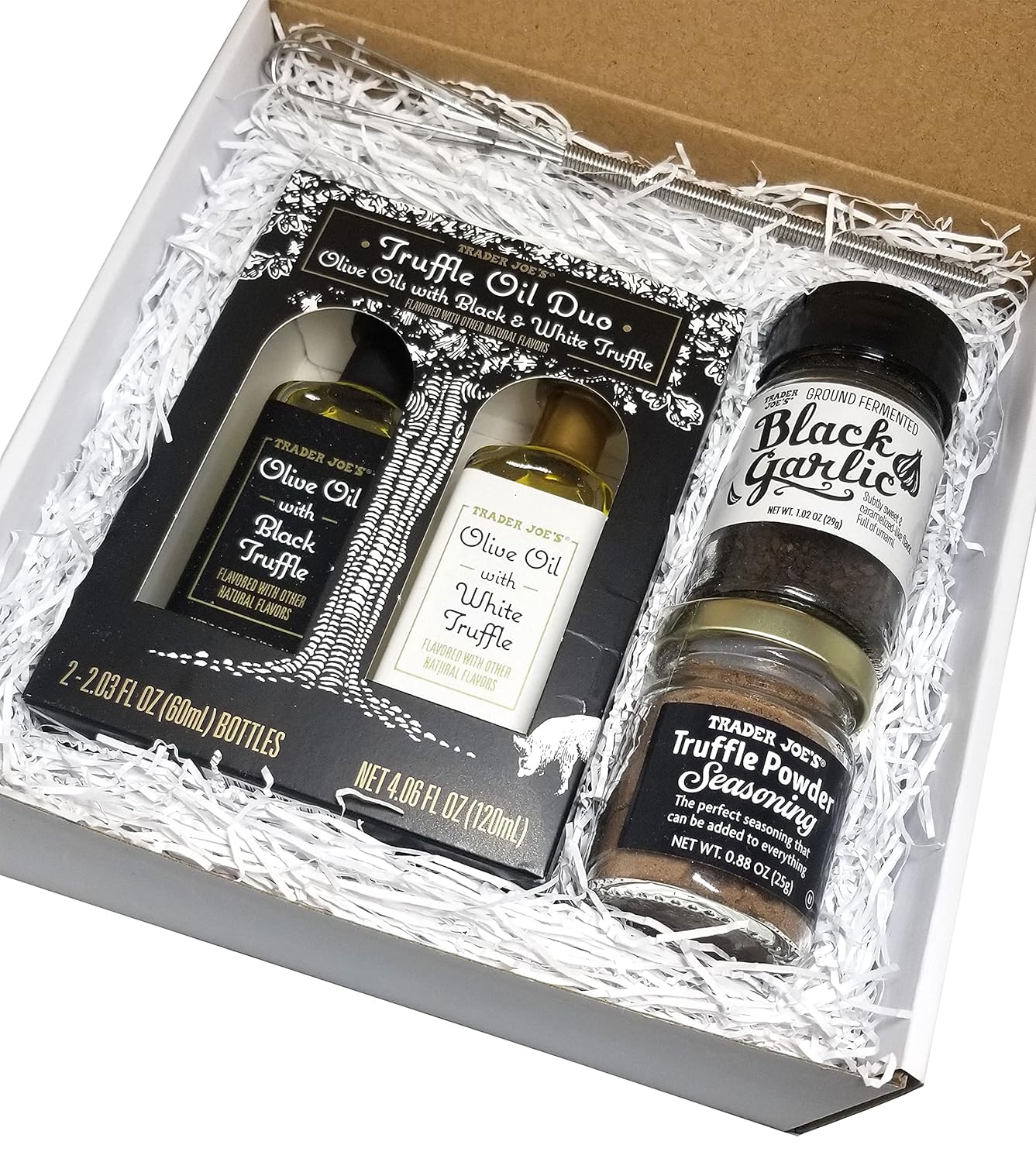Juego de 4 piezas de aceite y condimentos especiales de Trader Joe’s en blanco y negro, dúo de aceite de trufa, condimento en polvo de trufa y ajo