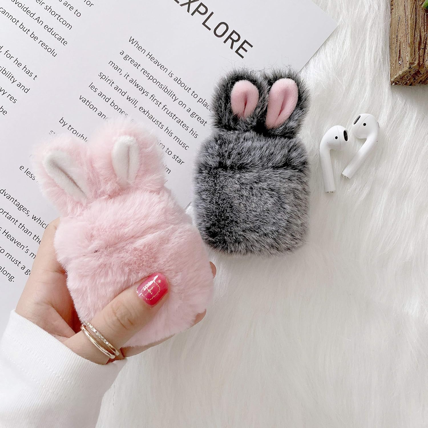 Funda mullida compatible con Airpods 1 y 2, diseño de airpods de piel suave y suave, caja de carga inalámbrica con llavero para Airpods 1 y 2 gris