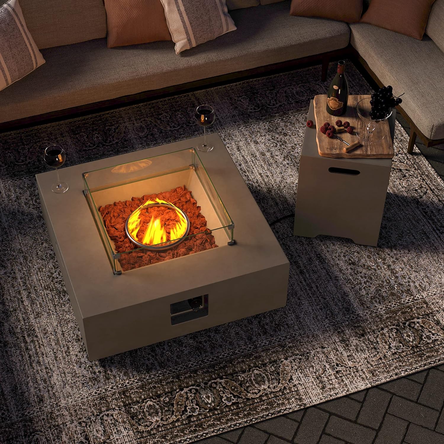 SUNBURY Fogata de propano para exteriores, mesa cuadrada de fuego para patio, 50,000 BTU para exteriores en gris con cubierta de tanque de 20