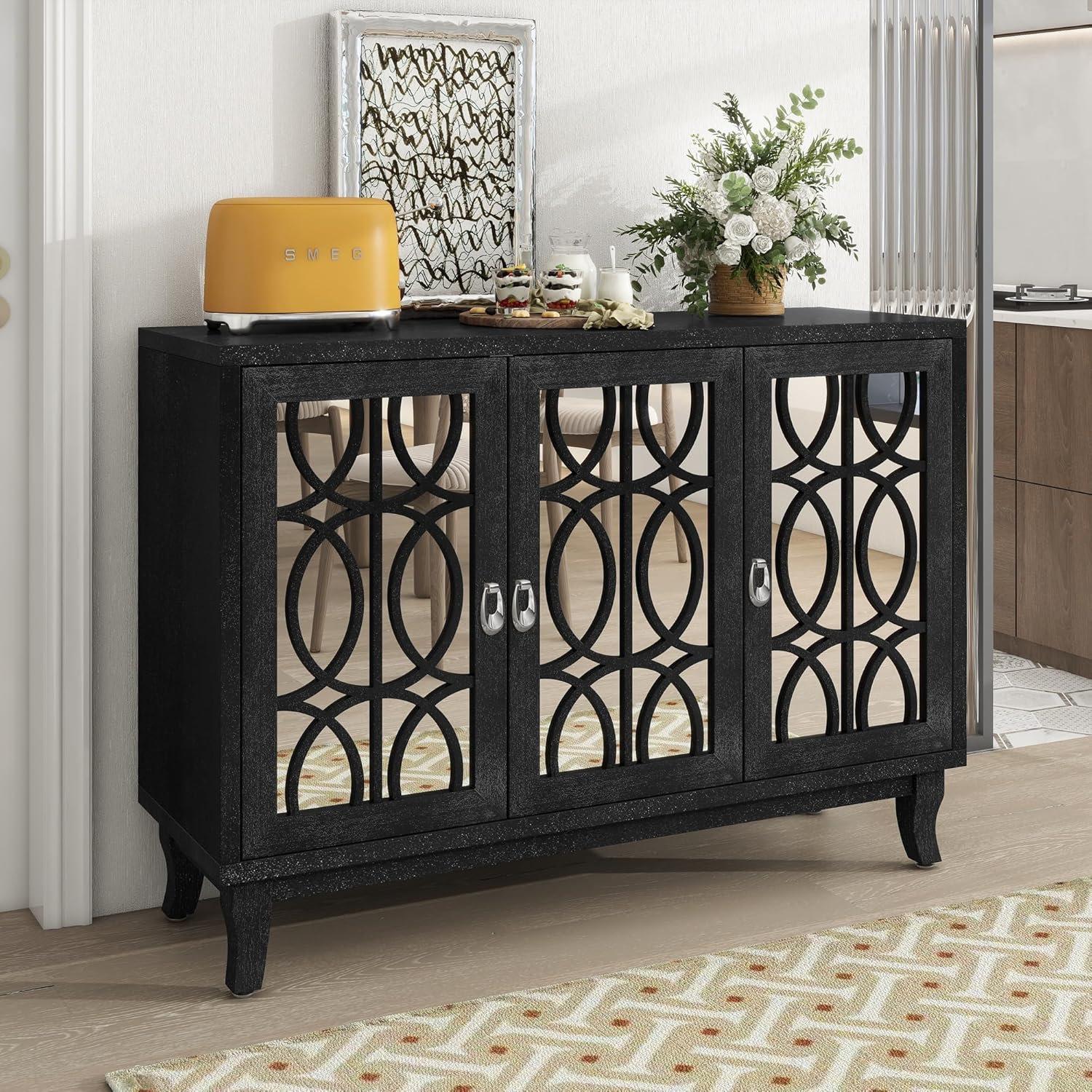 Armario de almacenamiento de buffet con 3 puertas de cristal, moderna mesa de buffet de almacenamiento grande con espejo con estante ajustable para