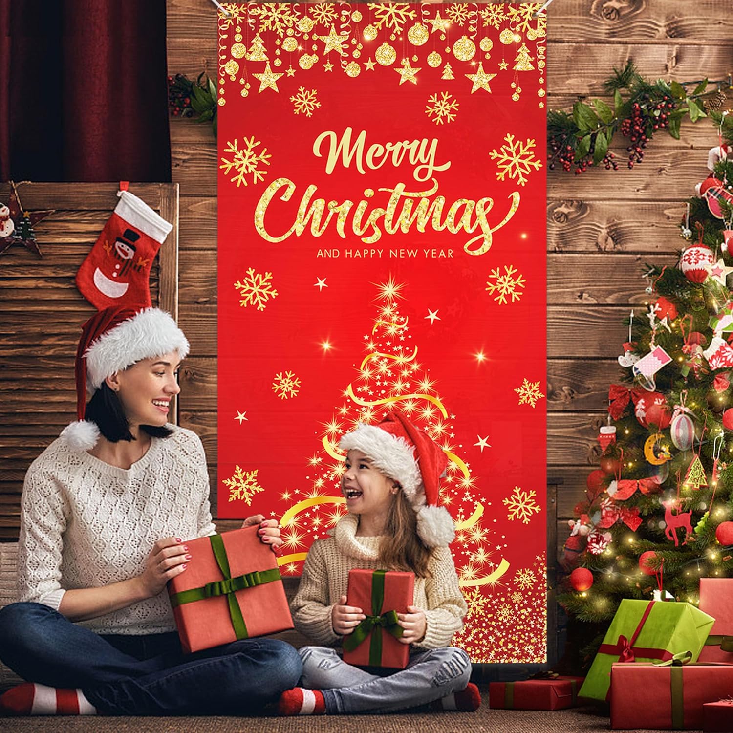 Cubierta de puerta de Navidad dorada para árbol de Navidad, pancarta con purpurina de copo de nieve, cubierta de puerta, fondo de fotografía para