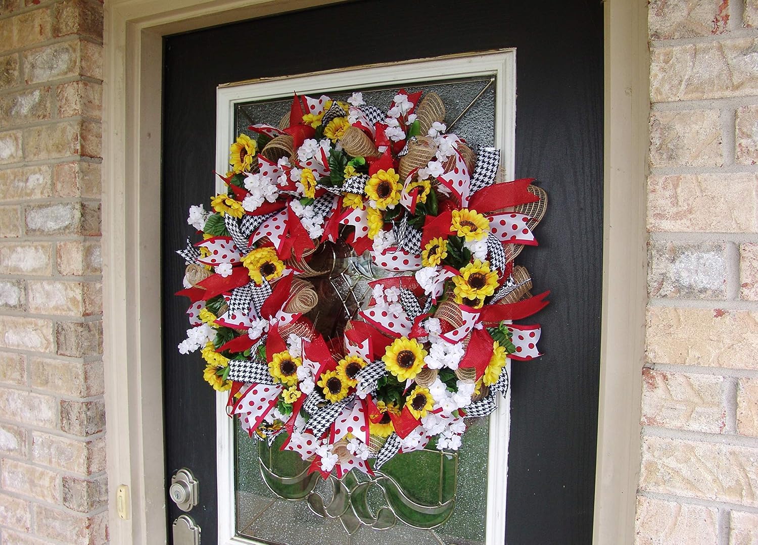 Bright Spring Summer Red Polka Dot Sunflower Deco Mesh Front Door Wreath, Porch Patio Decor, Indoor Outdoor Decoration
