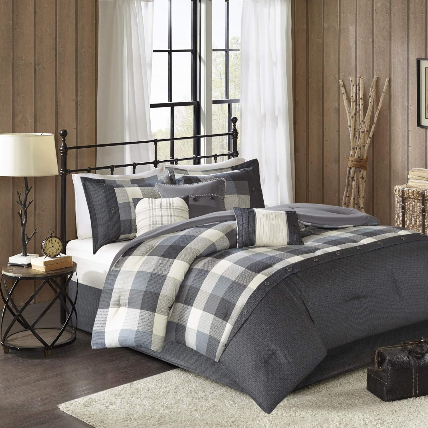 Madison Park Ridge – Juego de edredón (7 piezas), diseño de espiga, Poliéster, gris, King