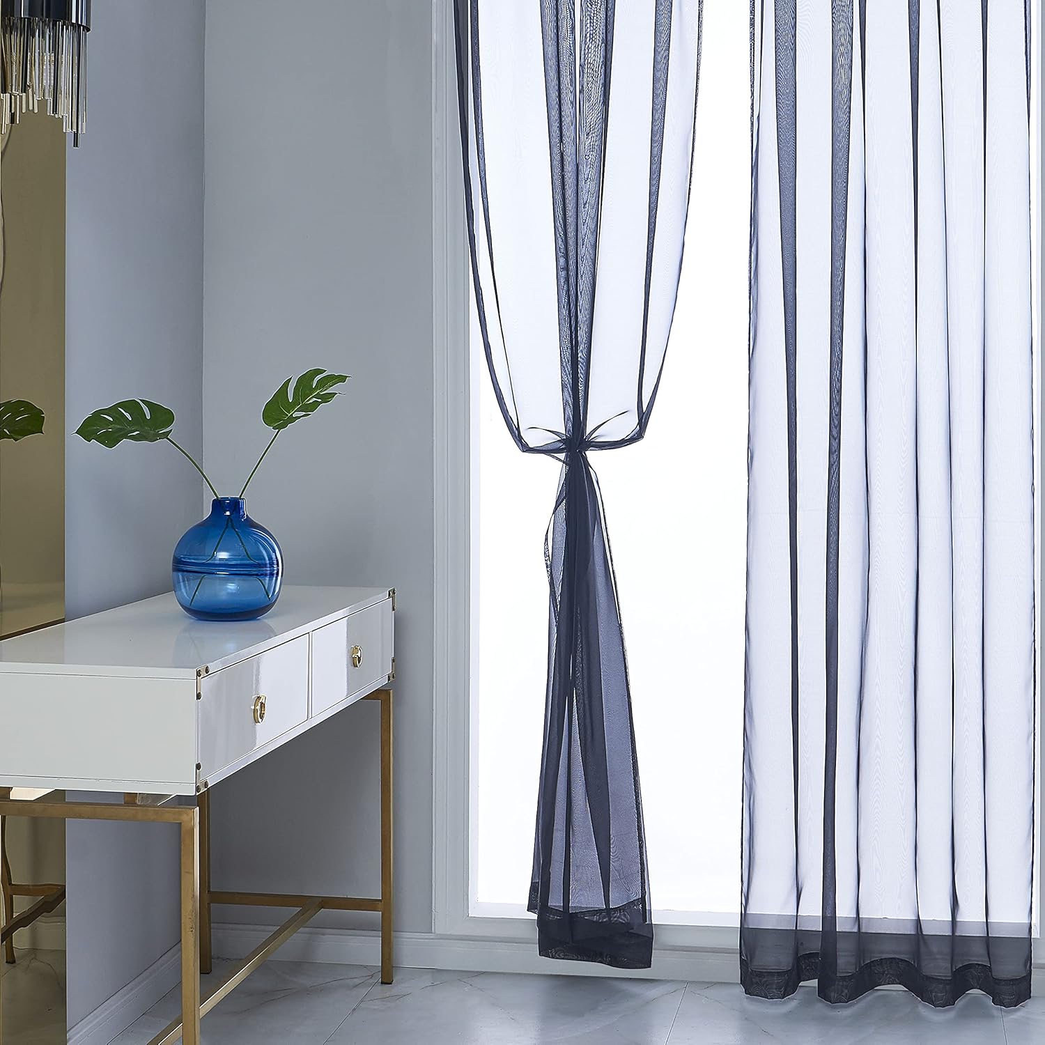 RAIN CITY Cortinas traslĂșcidas de gasa negra para dormitorio de 63 pulgadas de largo, 2 paneles con bolsillo para cortinero, cortinas para ventana