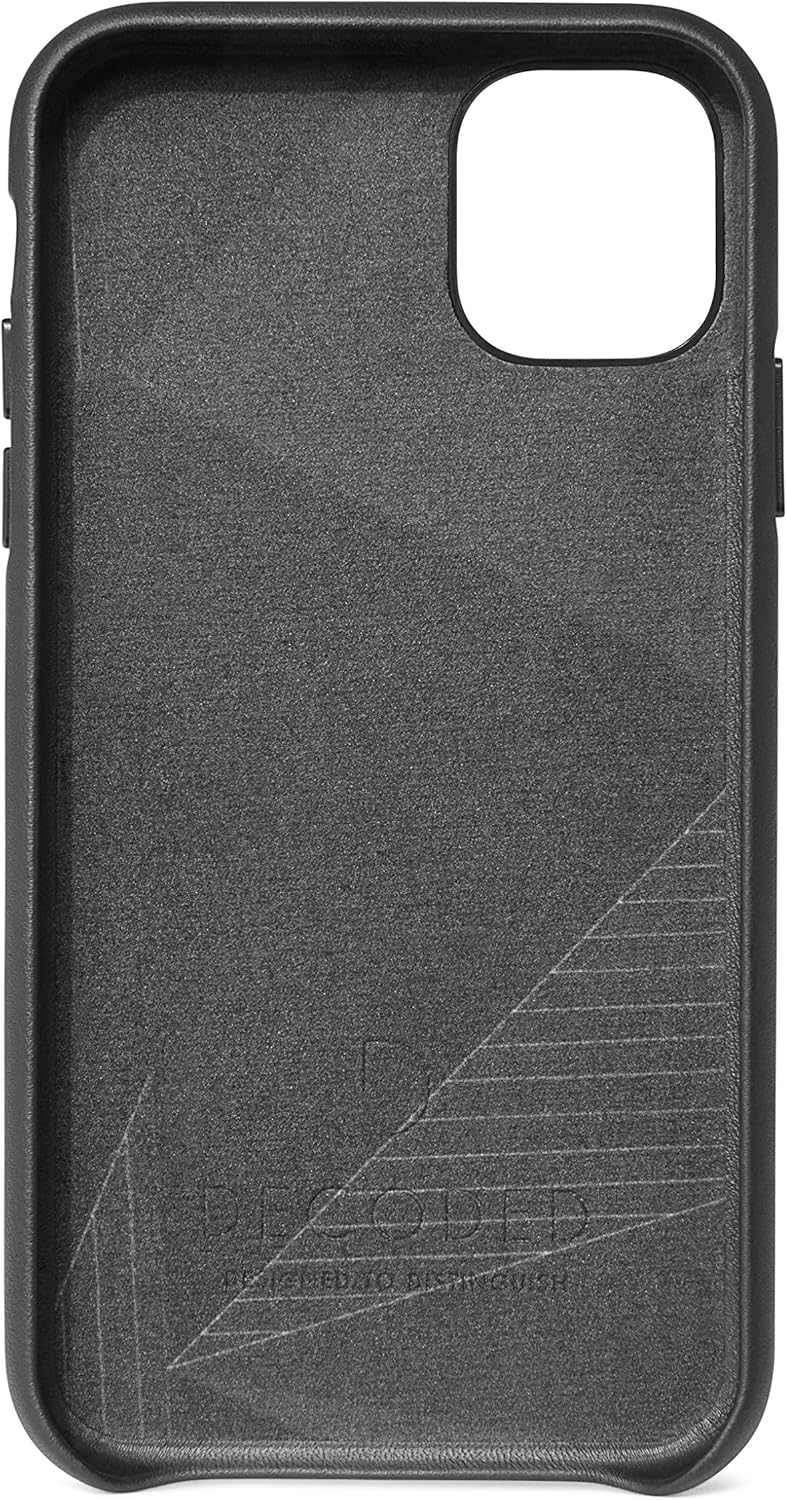 DECODED Funda trasera para iPhone 11 Pro Max – Cuero de grano completo negro, botones de metal, TPU a prueba de golpes