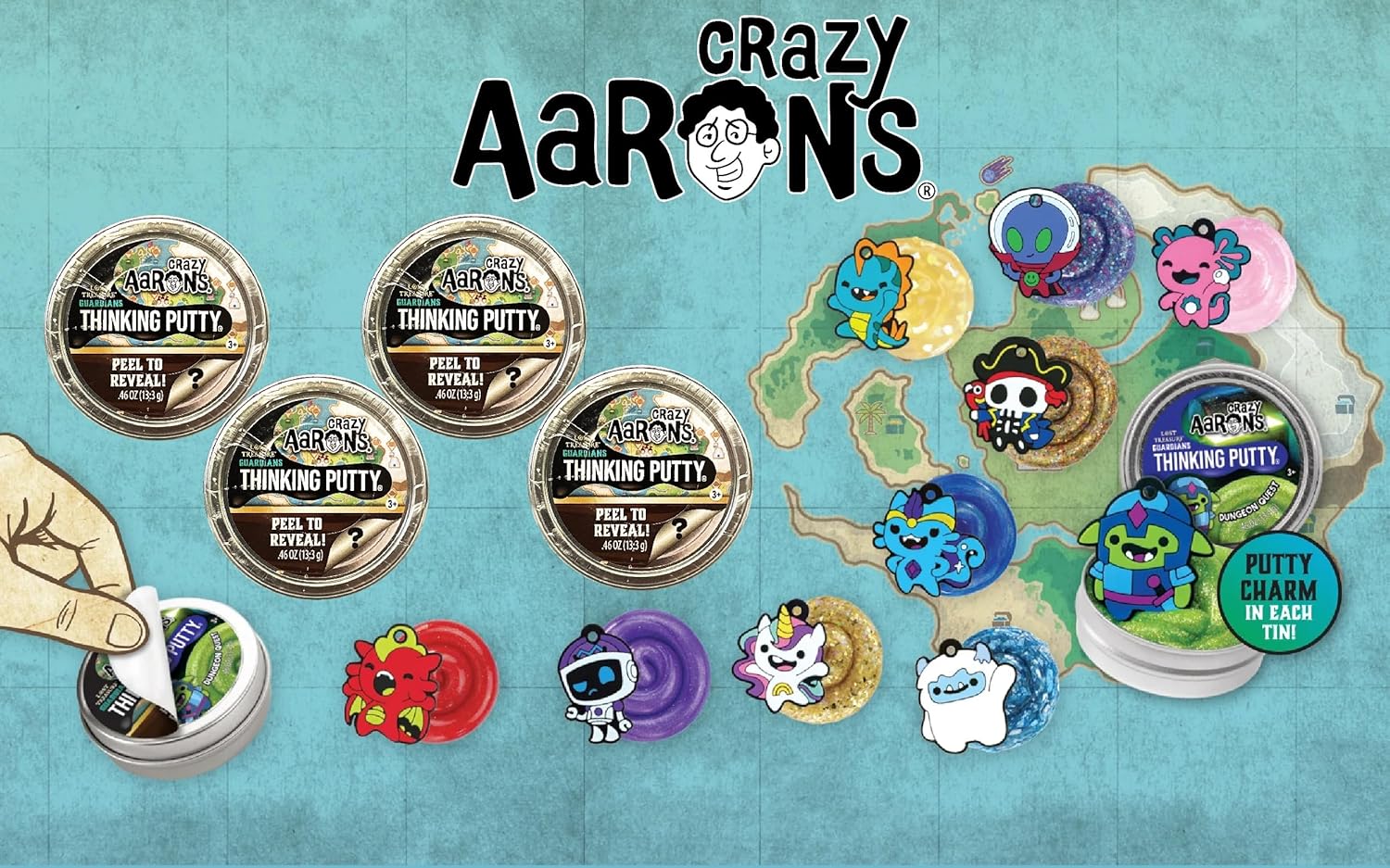 Crazy Aaron’s Putty Mini Latas Lost Treasure Guardians Peel to Reveal Putty and Charms (Colecciona los 10) Set de Regalo para Fiesta  Paquete de 4