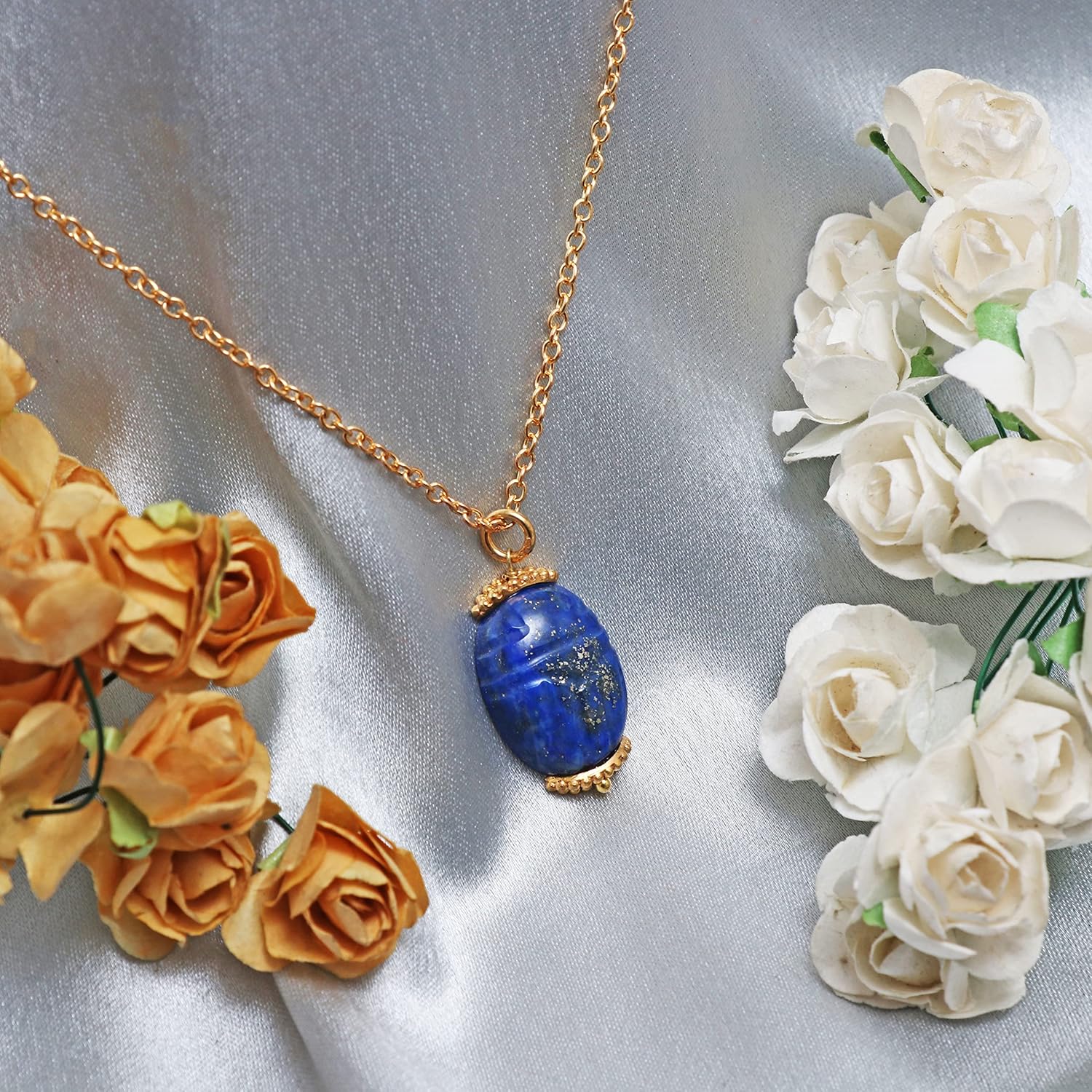 Gempires Natural Lapis Lazuli Beetle Necklace, Scarab Pendant, September Birthstone, Energy Healing Crystals, Gift for Her, Gemstone Jewelry (Lapis