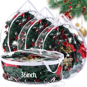 Shappy 4 bolsas grandes de almacenamiento para coronas de Navidad de 36 pulgadas, contenedor de almacenamiento de coronas de temporada con Shappy 4 bolsas grandes de almacenamiento para coronas de Navidad de 36 pulgadas, contenedor de almacenamiento de coronas de temporada con