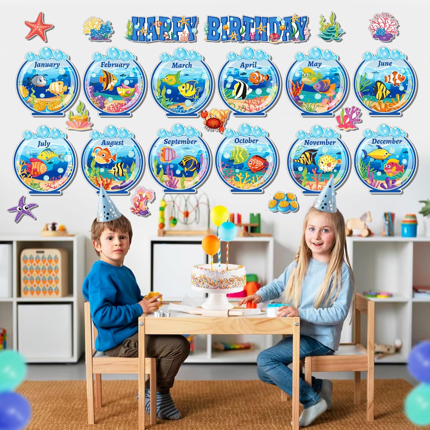 Juego de 48 tablones de anuncios de cumpleaños bajo el mar, decoración de aula temática oceánica, feliz cumpleaños, decoración de peces de animales