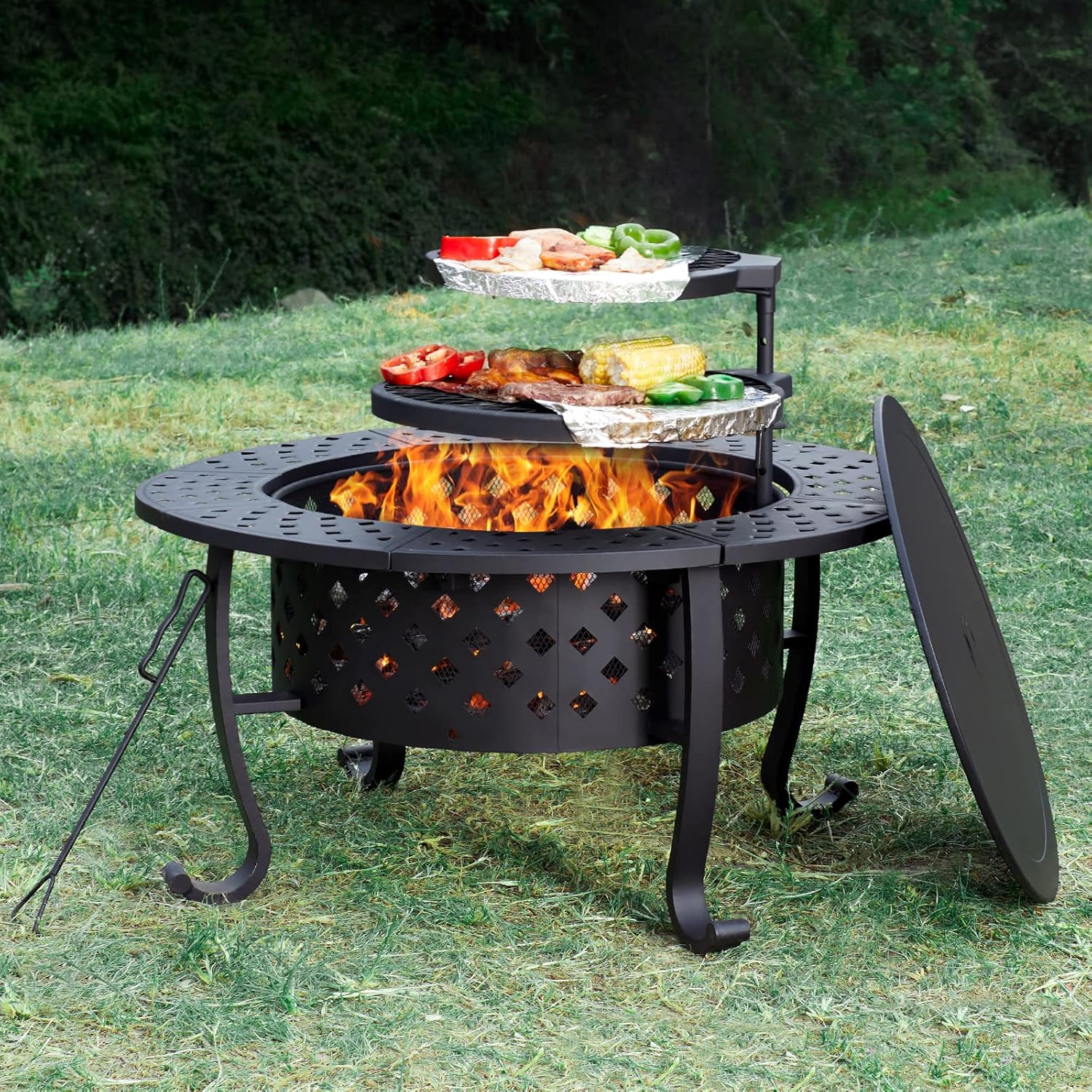 PaPaJet Fogata de 36 pulgadas con 2 parrillas, fogata de leña al aire libre con tapa, mesa redonda de metal para patio trasero, patio, jardín,