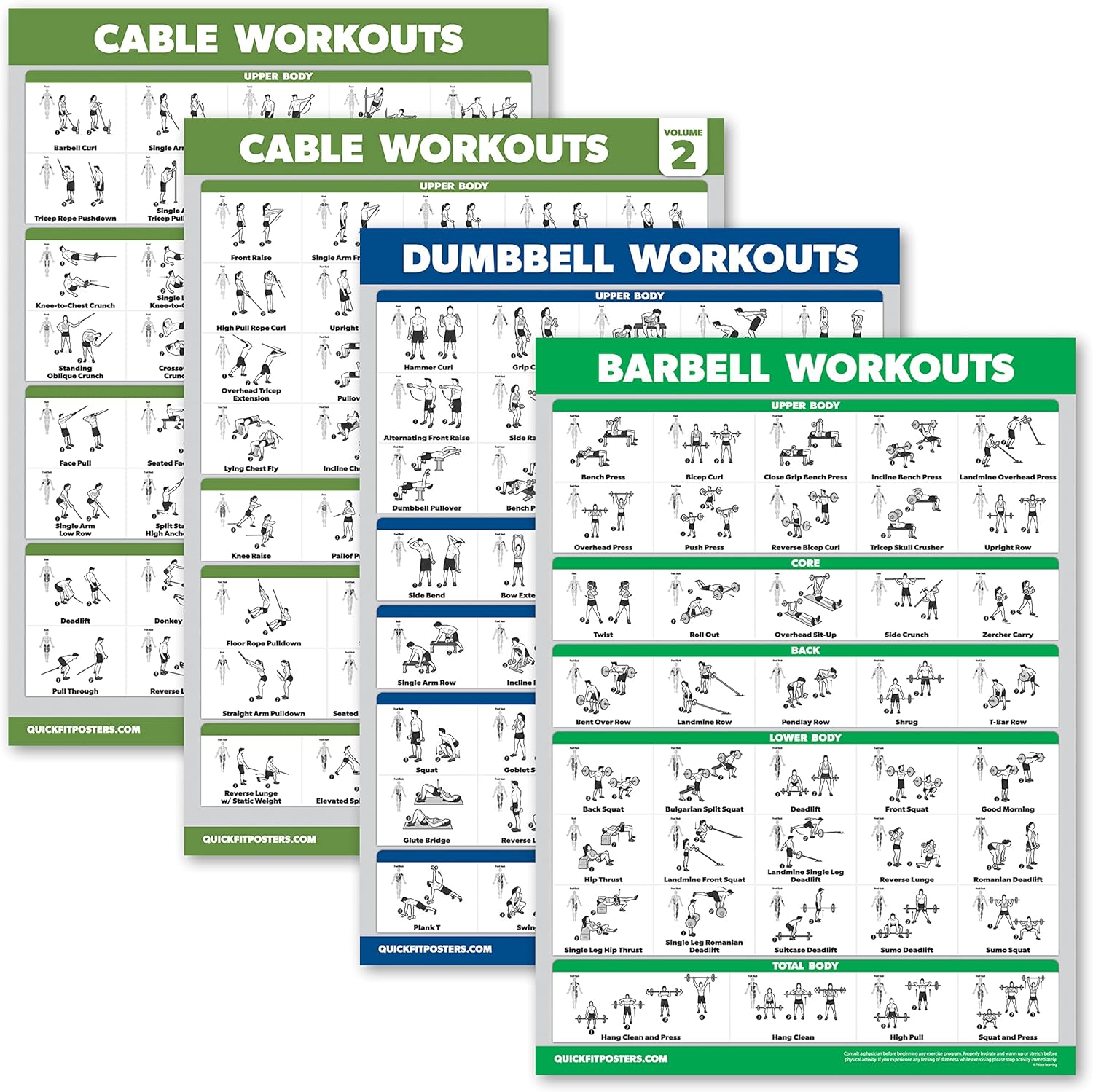 Paquete de 4 pósteres de entrenamiento de máquina de cable volumen 1 y 2 + ejercicios con mancuernas + ejercicios con mancuernas (laminados, 18 x 24