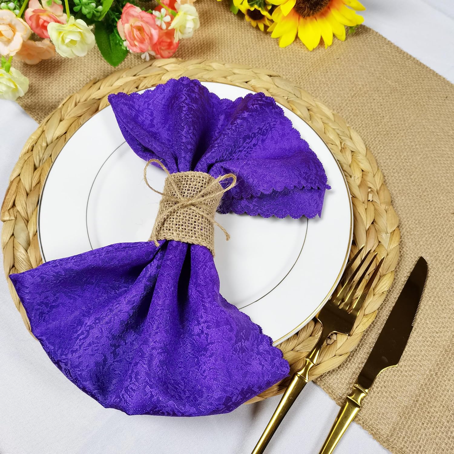 Juego de 100 servilleteros de arpillera natural con cuerda de yute, servilletas desechables a granel, anillo rústico para mesas, decoraciones,