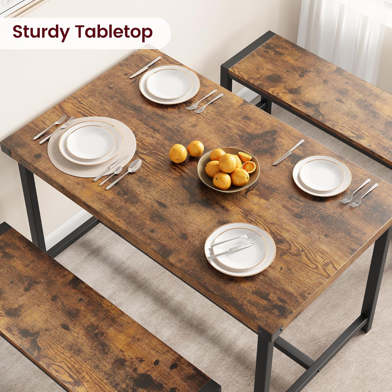 IDEALHOUSE Juego de mesa de comedor para 4, mesa de cocina con bancos, juego de mesa de comedor rectangular con 2 bancos de madera de metal, juego