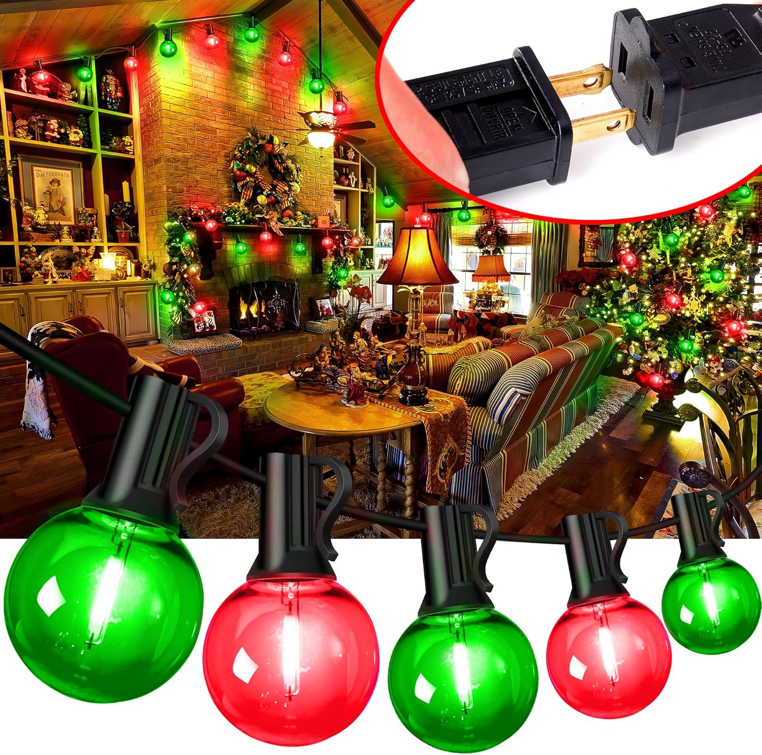 KNONEW Guirnalda de luces LED de Navidad de 33 pies para exteriores, 15 bombillas rojas y verdes G40, impermeables, inastillables, luz colgante para