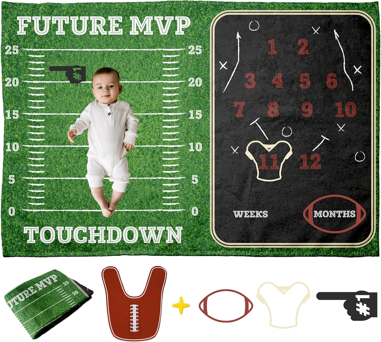 Pavo Manta de hito de fútbol prémium para bebés niños, incluye 3 marcos exclusivos, manta mensual personalizada para recién nacido, ultrasuave y