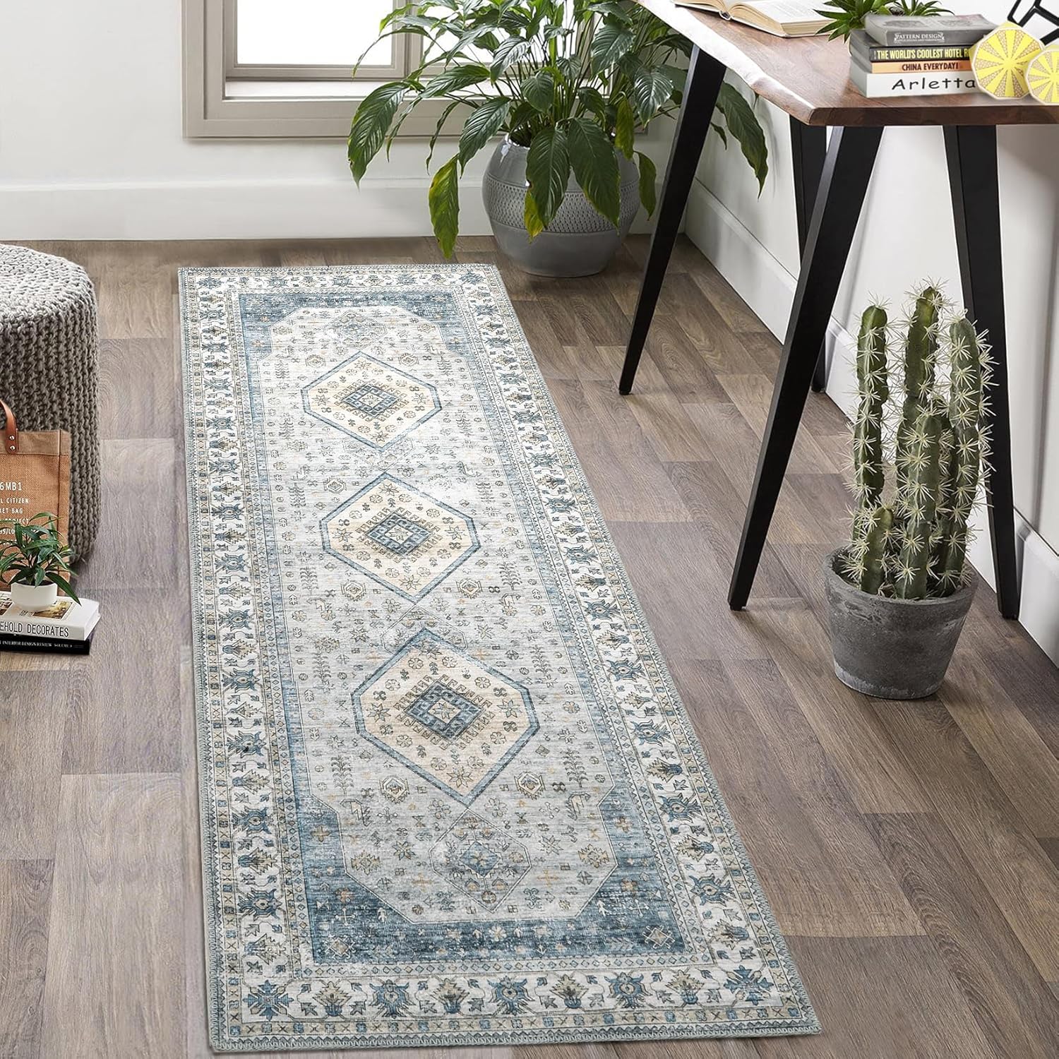 Alfombra de pasillo larga de 2 x 6 pies, estilo vintage, resistente a las manchas, antideslizante, para dormitorio, sala de estar, pasillo,