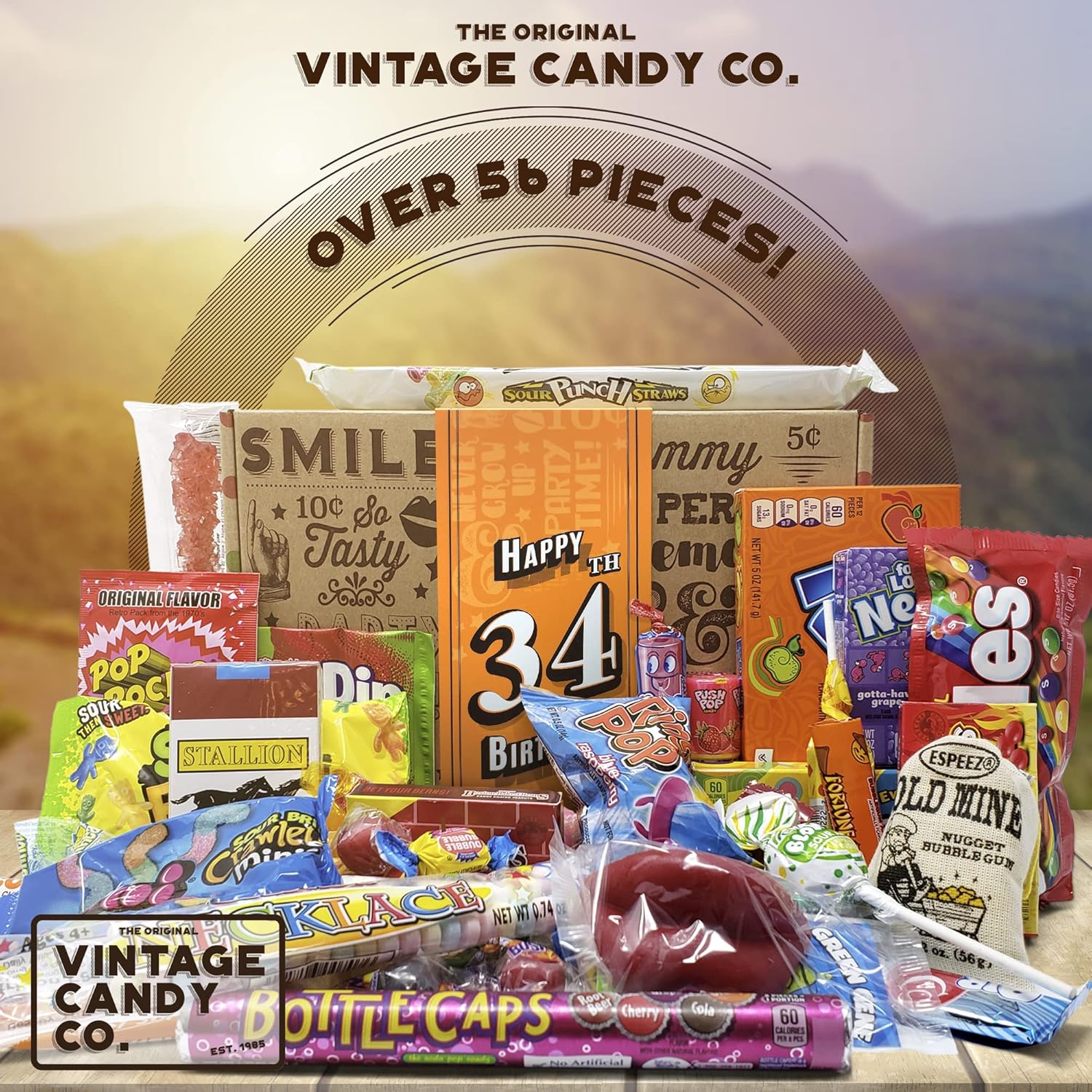 Vintage Candy Co. Paquete de cuidado de dulces de 34 cumpleaños de lujo 1990 caja de regalo de dulces retro surtidos para celebración especial,
