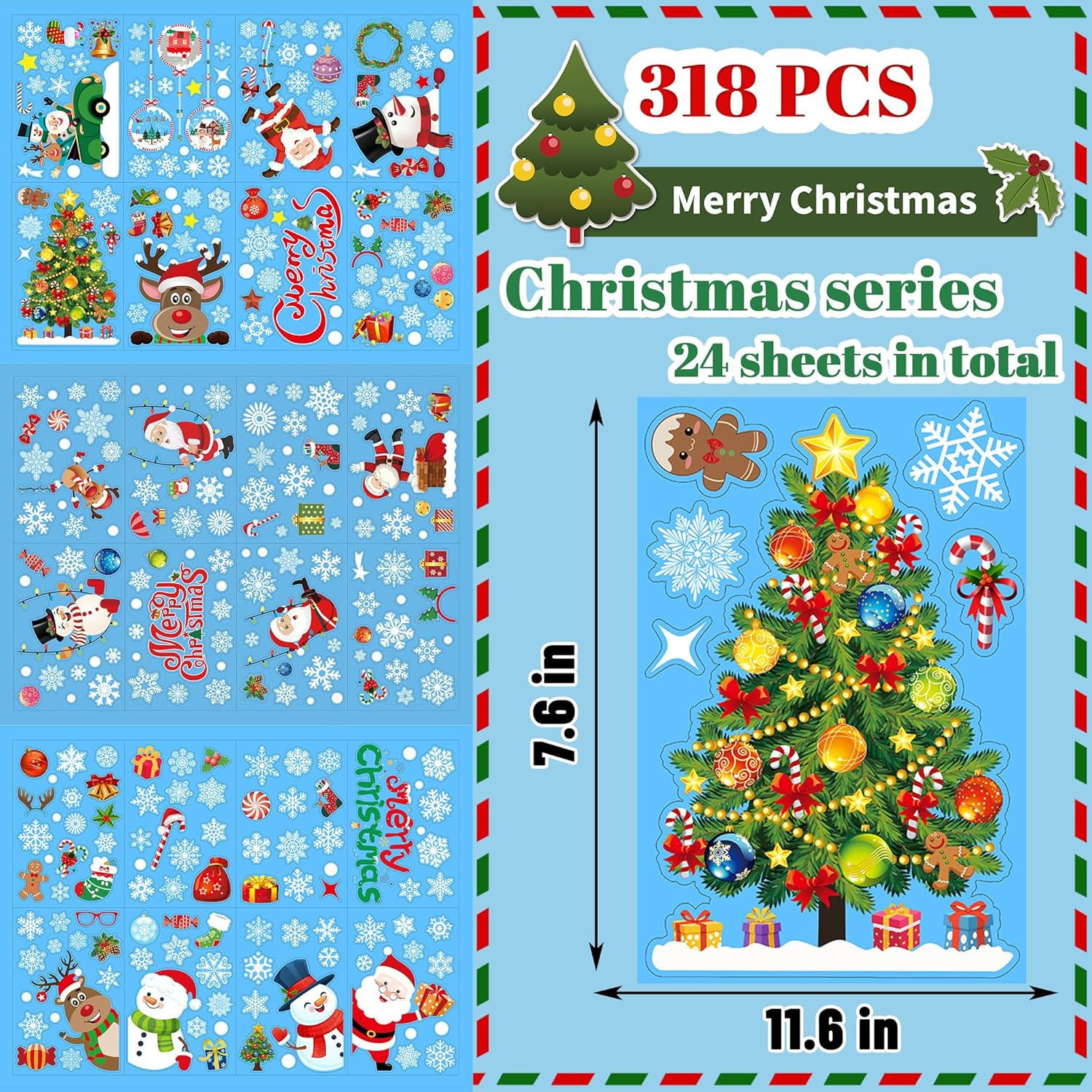 308 calcomanías de Navidad impermeables de doble cara para decoración de Navidad, copos de nieve, calcomanías de ventana para ventanas de vidrio,