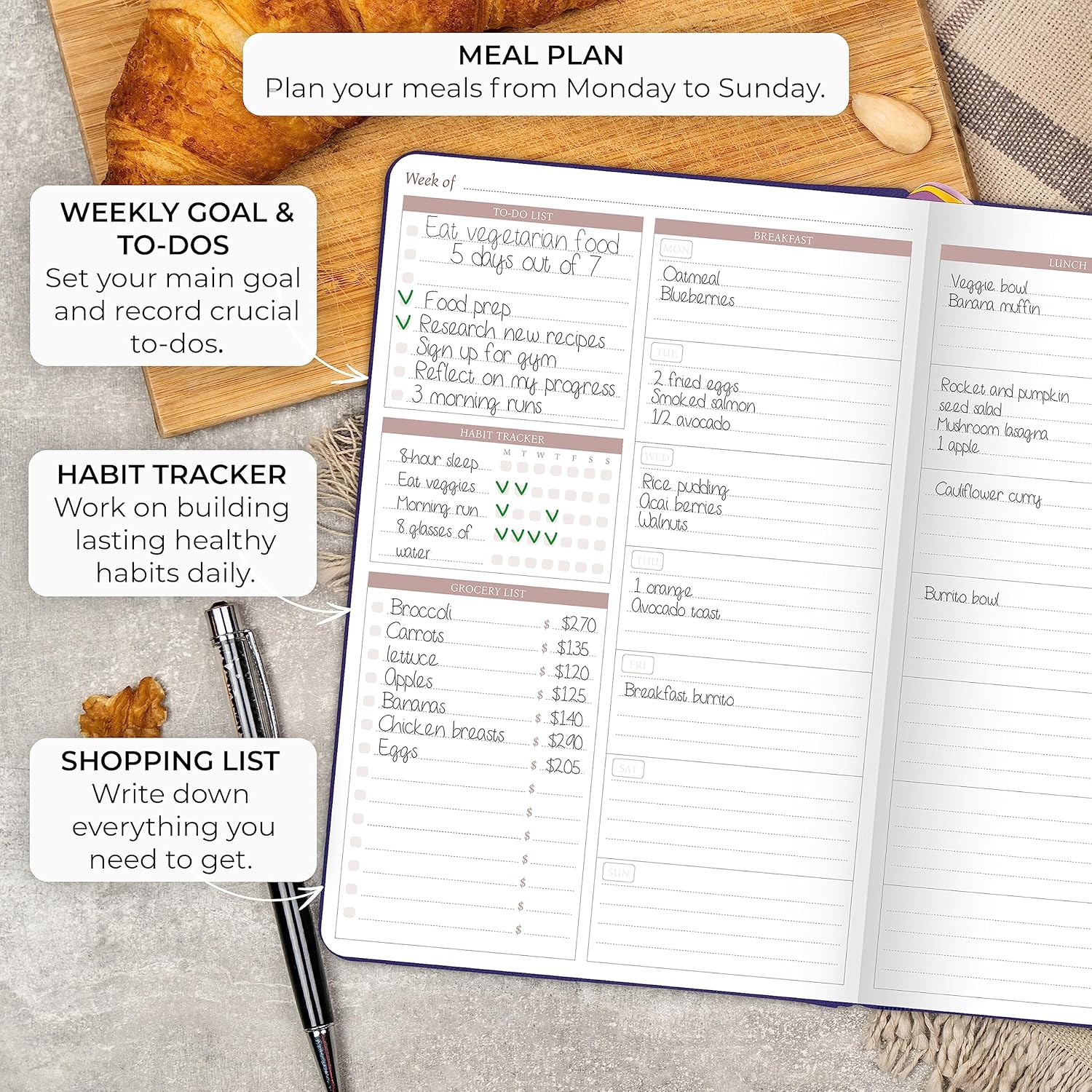 Legend – Agenda de comidas  Diario semanal de preparación de comidas y nutrición con lista de comestibles y rastreador de pérdida de peso  Registro
