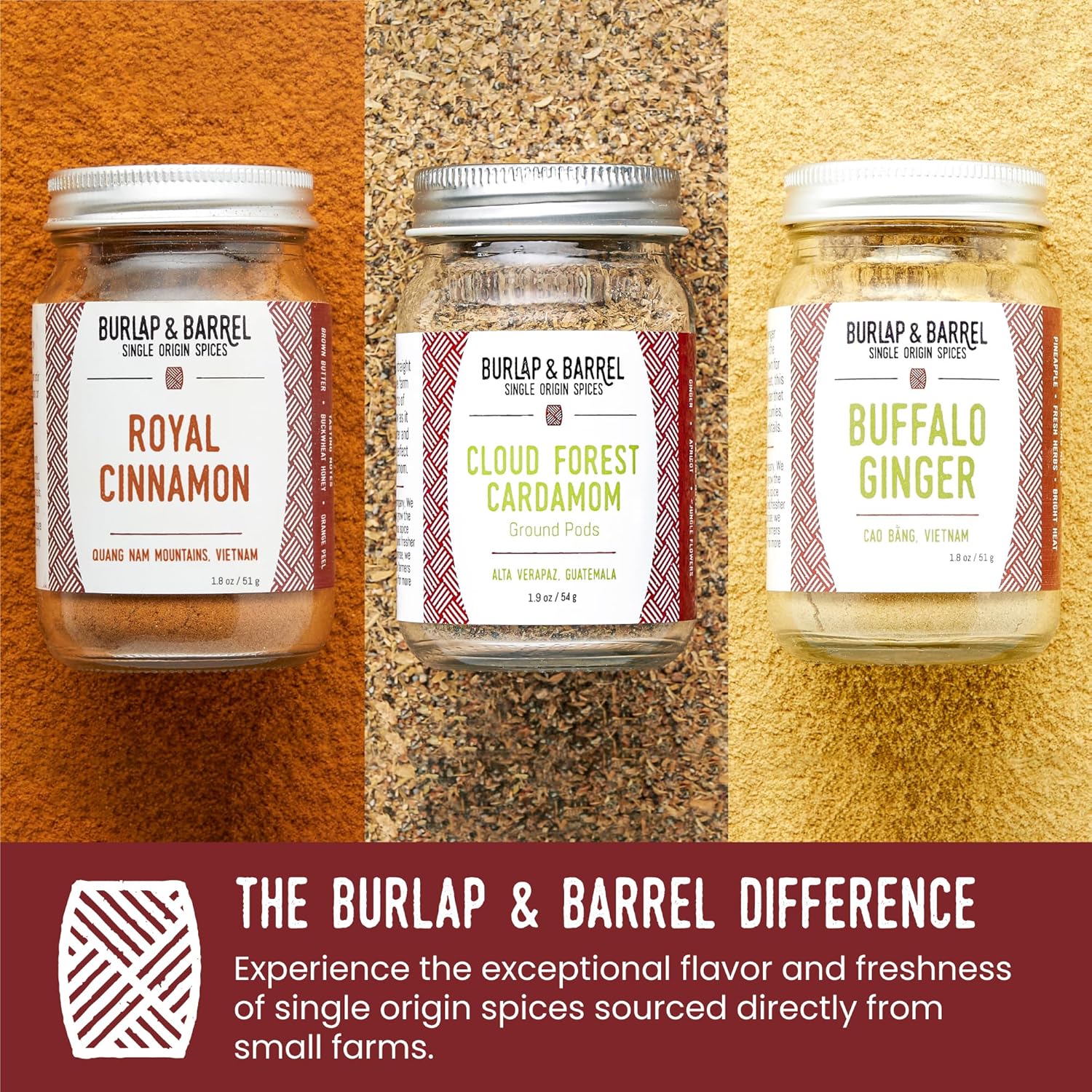 Burlap & Barrel – Juego de 3 especias dulces – Como se ve en Shark Tank! 3 tarros de tamaño completo incluyendo canela real, cardamomo de bosque