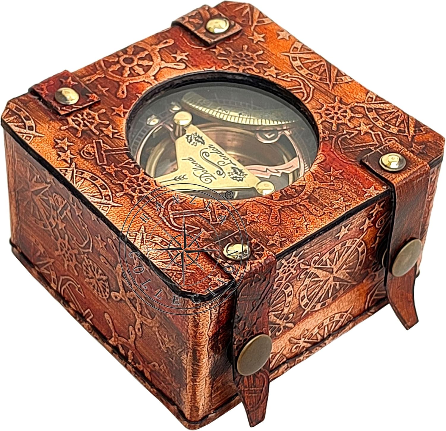 Brújula de reloj de sol de latón pulido y cobre, reloj de sol antiguo, reloj de sol en caja de cuero, regalo de réplica de barco