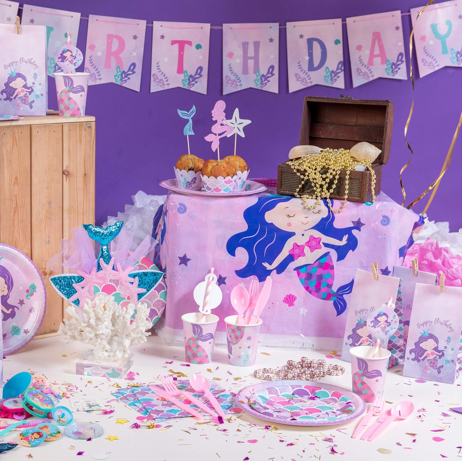 Platos y tazas de sirena y servilletas para 16 invitados  16 platos de papel grandes, platos pequeños, vasos, servilletas  Decoraciones de