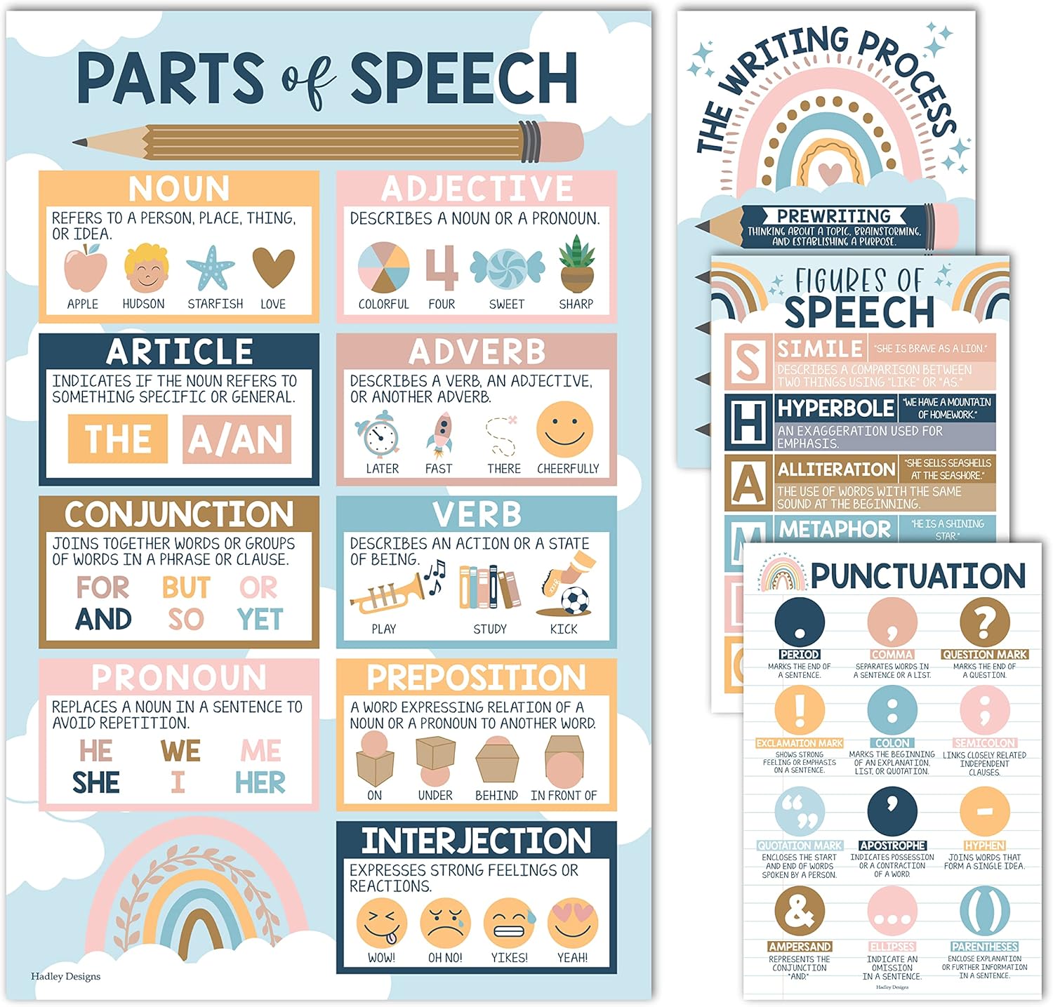 Hadley Designs 4 carteles de gramática boho para artes del lenguaje, aula ELA, partes de carteles de discurso para primaria, carteles de puntuación,
