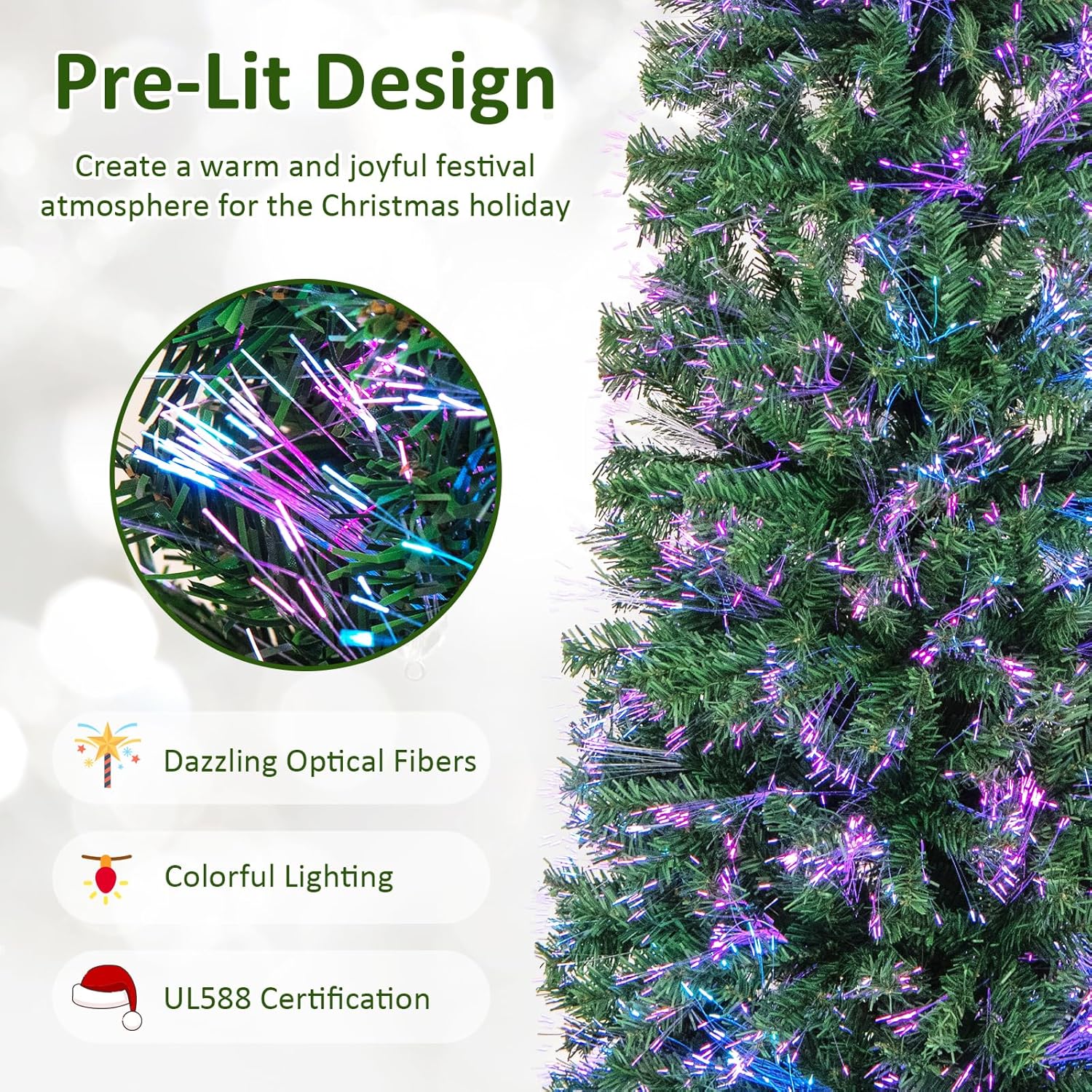 Goplus Árbol de Navidad de lápiz de fibra óptica de 5 pies, árbol de Navidad artificial delgado preiluminado con luces de colores, 361 puntas de