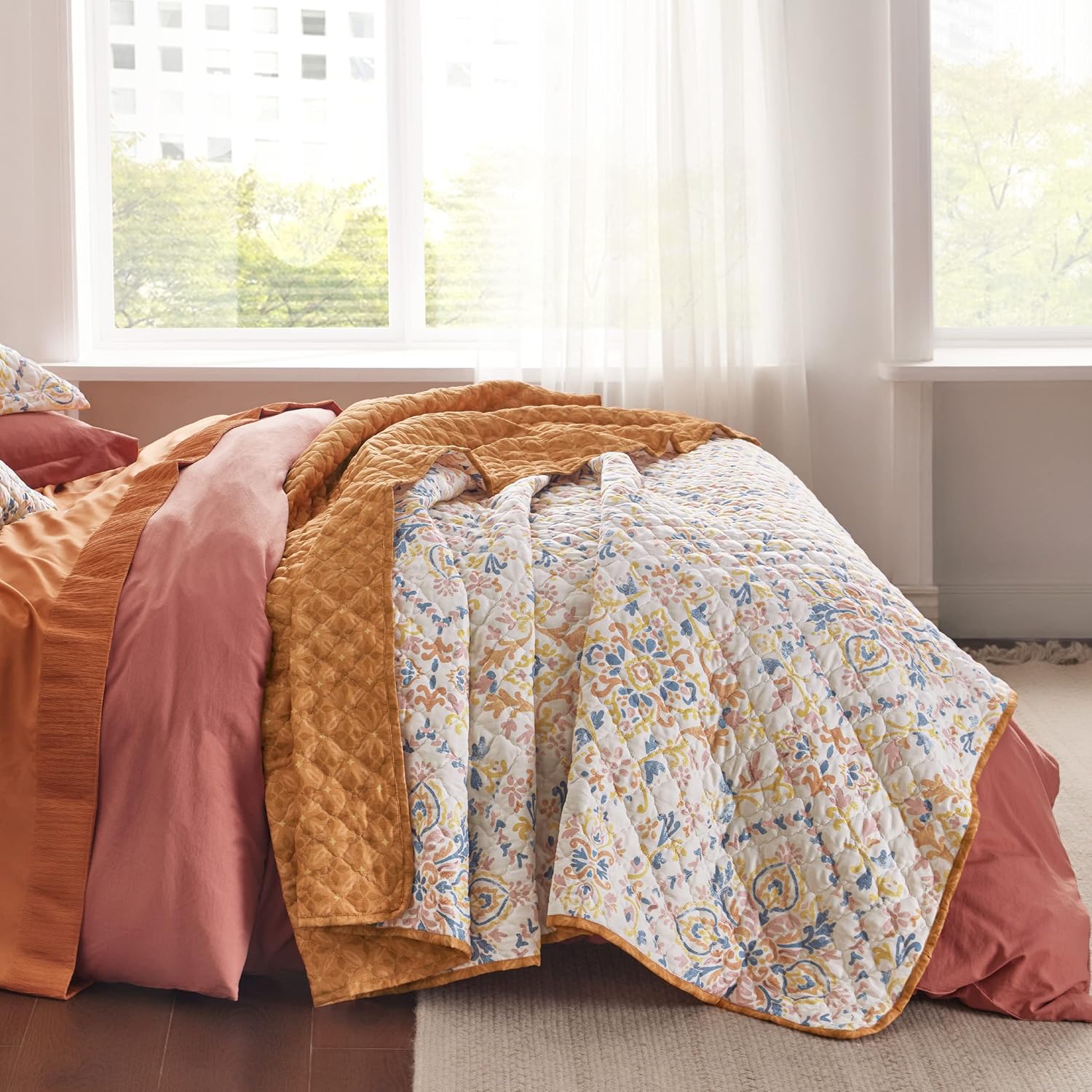 Bedsure Juego de edredón bohemio tamaño Queen  Juego de ropa de cama reversible naranja bohemio de 3 piezas, colcha de microfibra ligera, juego de