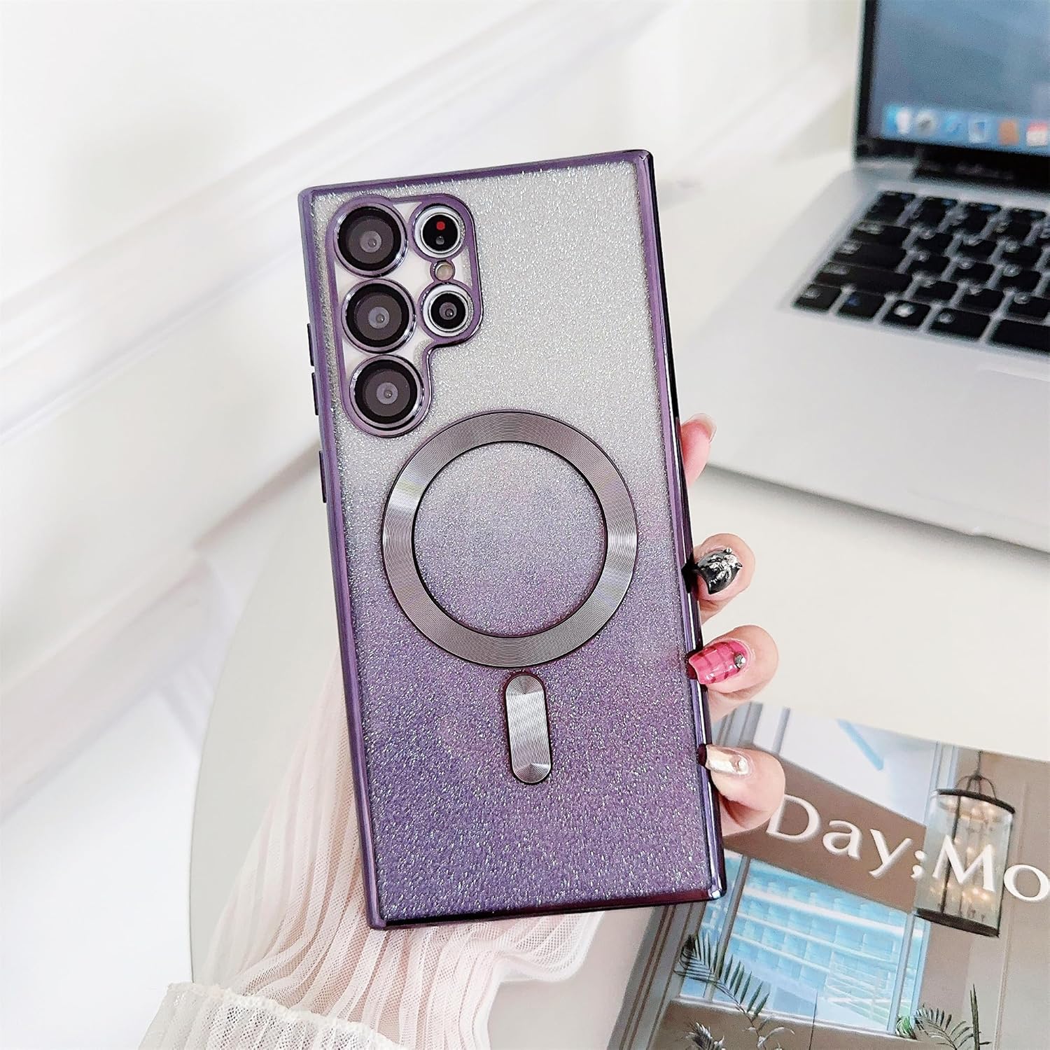 Cyberowl Diseñada para Samsung Galaxy S23 Ultra, funda magnética con purpurina chapada en degradado compatible con MagSafe, con protector de lente