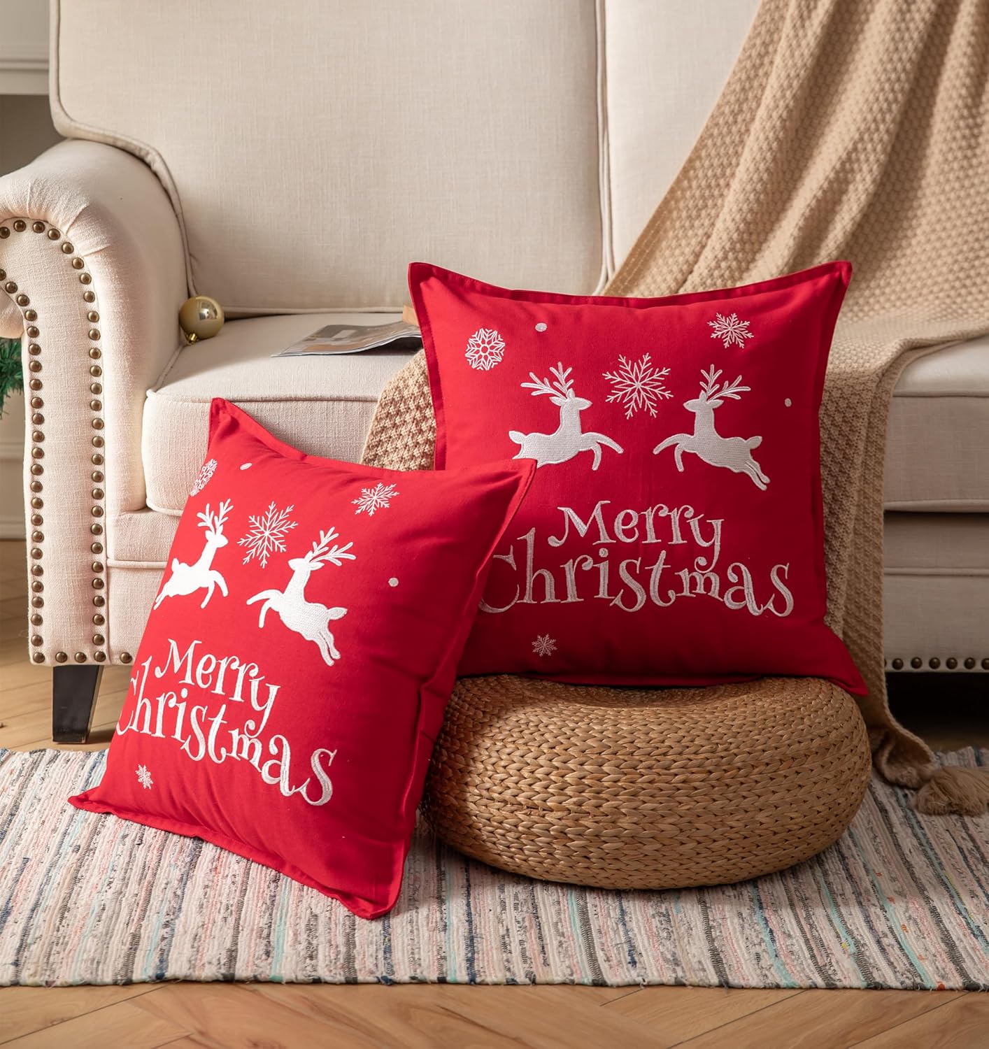 Juego de 2 fundas de almohada navideñas de 18 x 18 pulgadas, juego de 2 fundas de almohada bordadas para decoraciones navideñas, decoración moderna