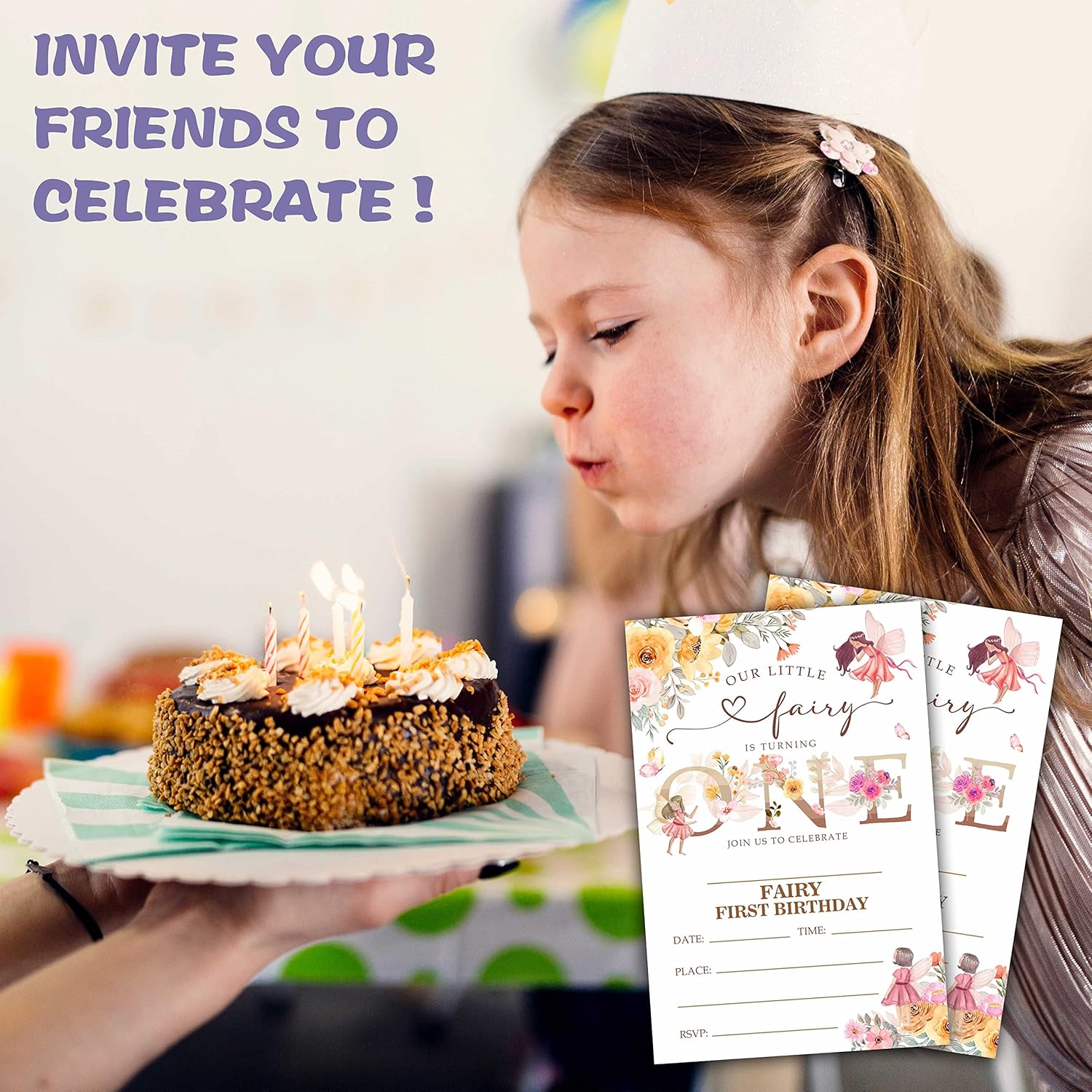Invitación de fiesta de primer cumpleaños de hada, invitaciones de relleno con temática de hadas de jardín, 20 invitaciones florales con sobres para