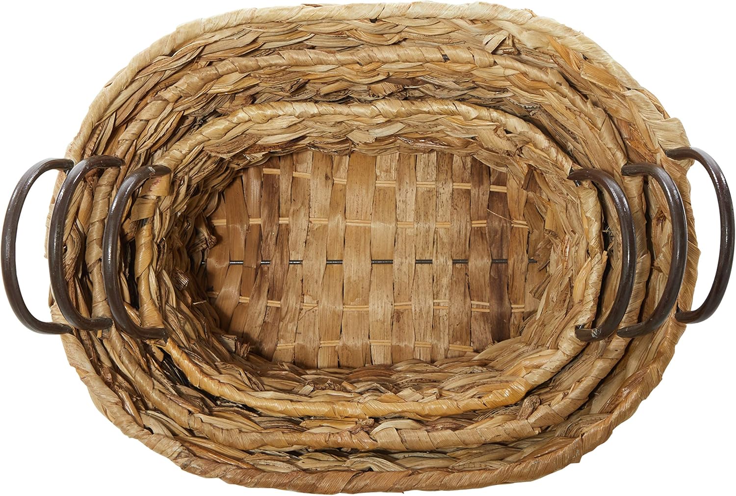 Deco 79 Cesta de almacenamiento ovalada de metal con asas de metal, juego de 3 16 pulgadas, 13 pulgadas, 11 pulgadas de ancho, marrón