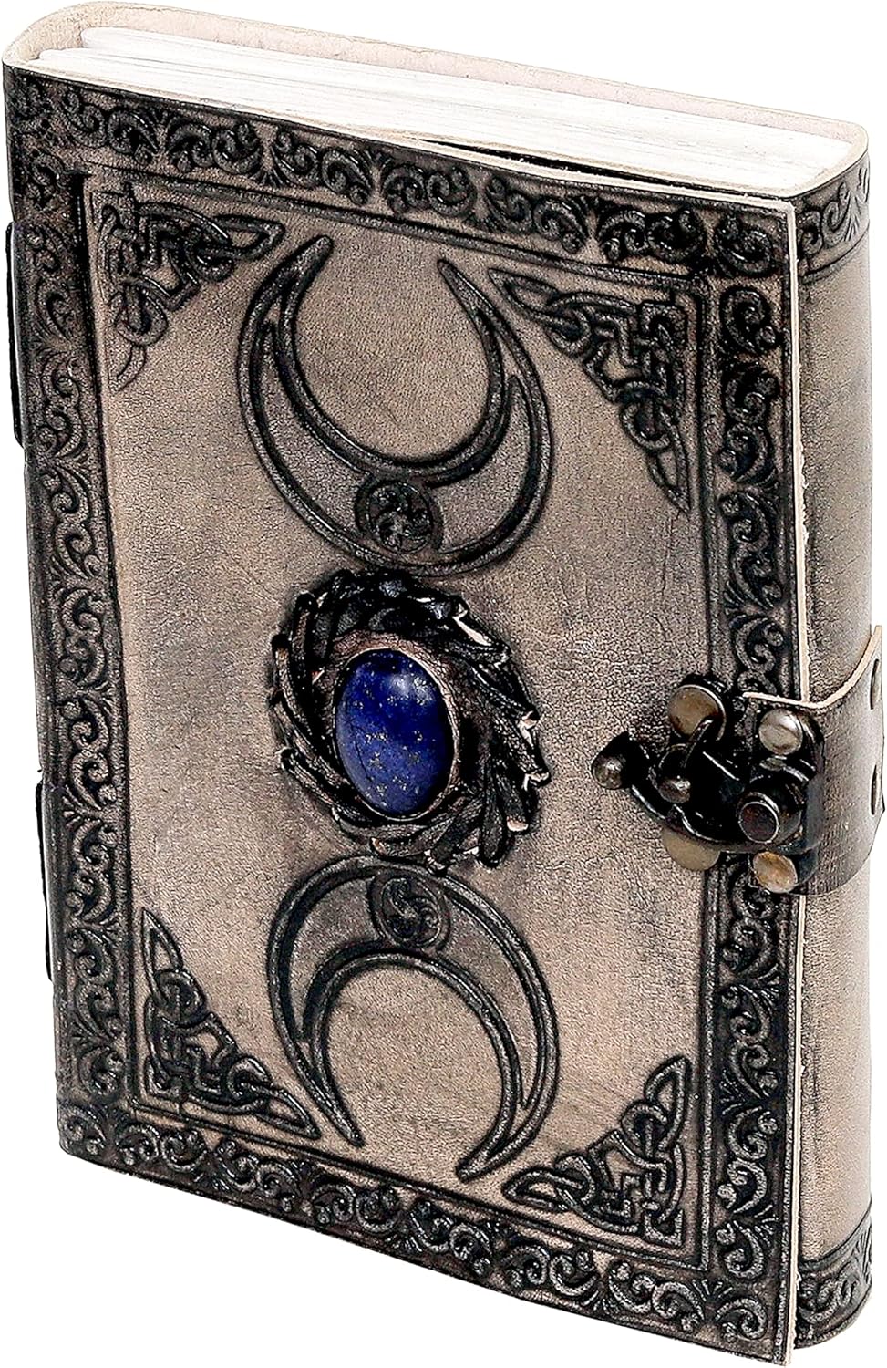 AzureGreen – 3 Moon Black Lapiz Journal – Gemstone Studded Handmade Vintage Writing Notebook, Unlined (Vintage Off-white, 3 Moon Plain Paper)