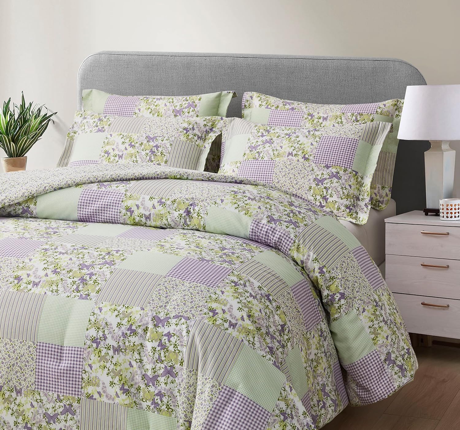 Chezmoi Collection Daisy – Juego de edredón de retazos estampado de 3 piezas, diseño a rayas de caramelo botánico de mariposa morada, a cuadros,