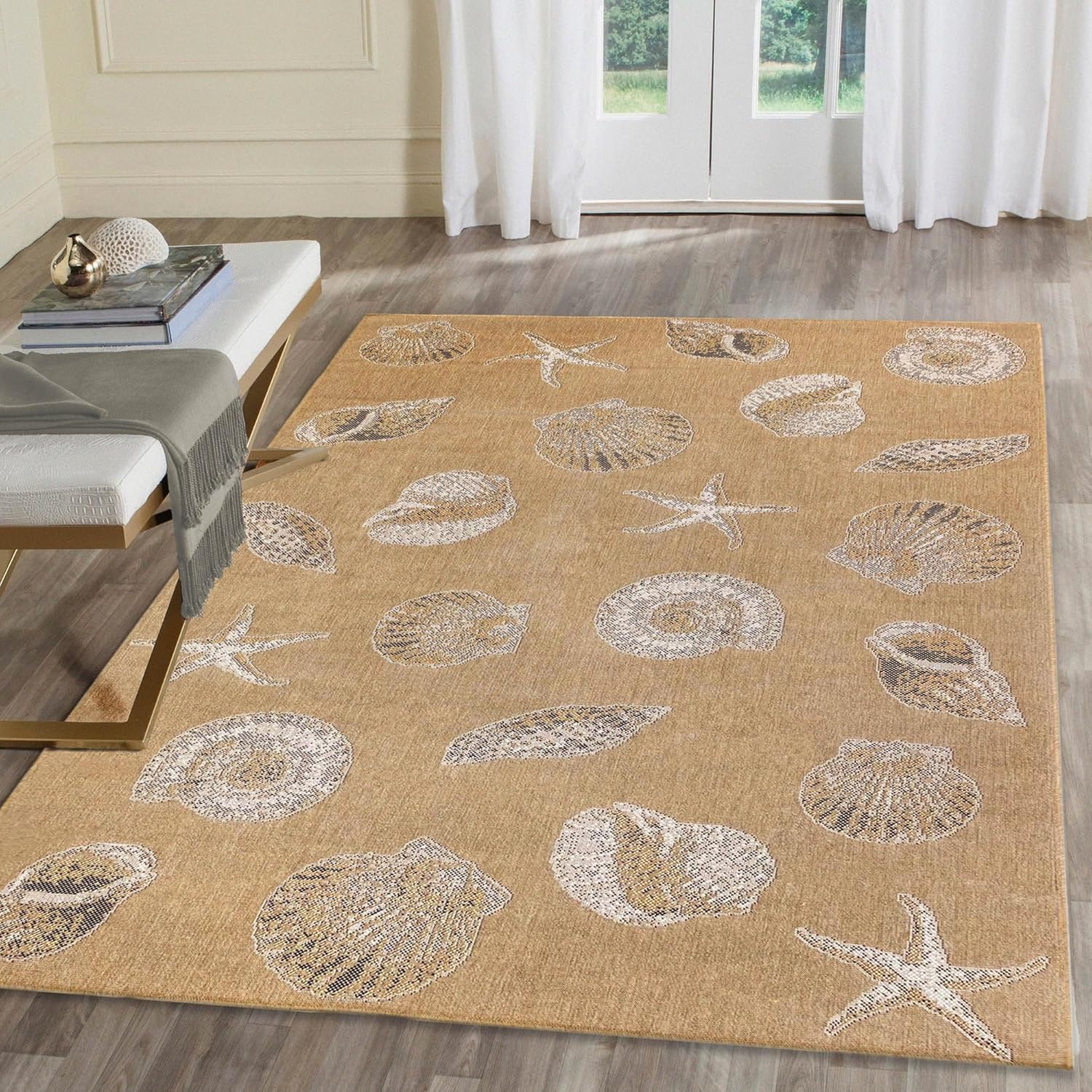 Liora Manne Carmel – Alfombra tejida de perfil bajo y fácil cuidado para interiores y exteriores, color arena, 4 pies 10 pulgadas x 7 pies 6 pulgadas