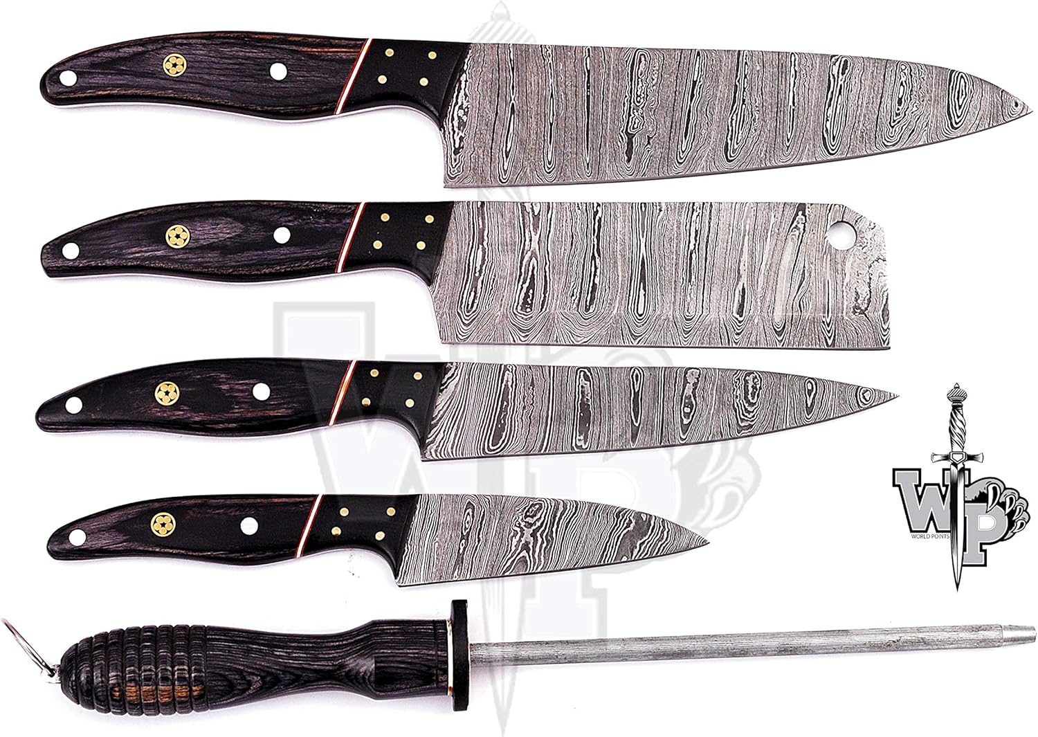 WP-007 Juego de cuchillos de chef de cocina profesional de Damasco hechos a mano personalizados-5 piezas (madera negra)